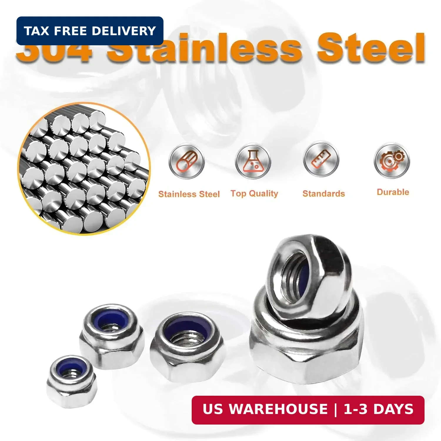 40+PCS M8 Locknuts M8x1.25mm Nylon Insert Hex Lock Nuts 304 Stainless Steel Me..