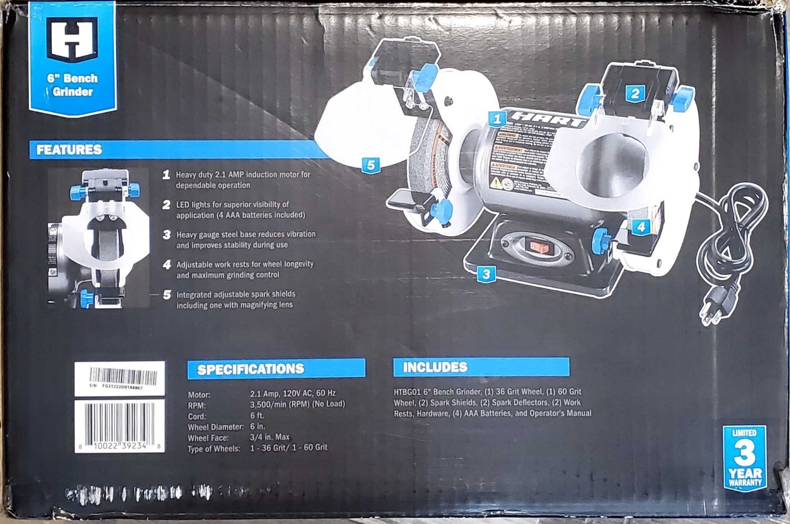 HART 6&Prime; Heavy Duty 2.1 AMP Bench Grinder (HTBG01) 🆕