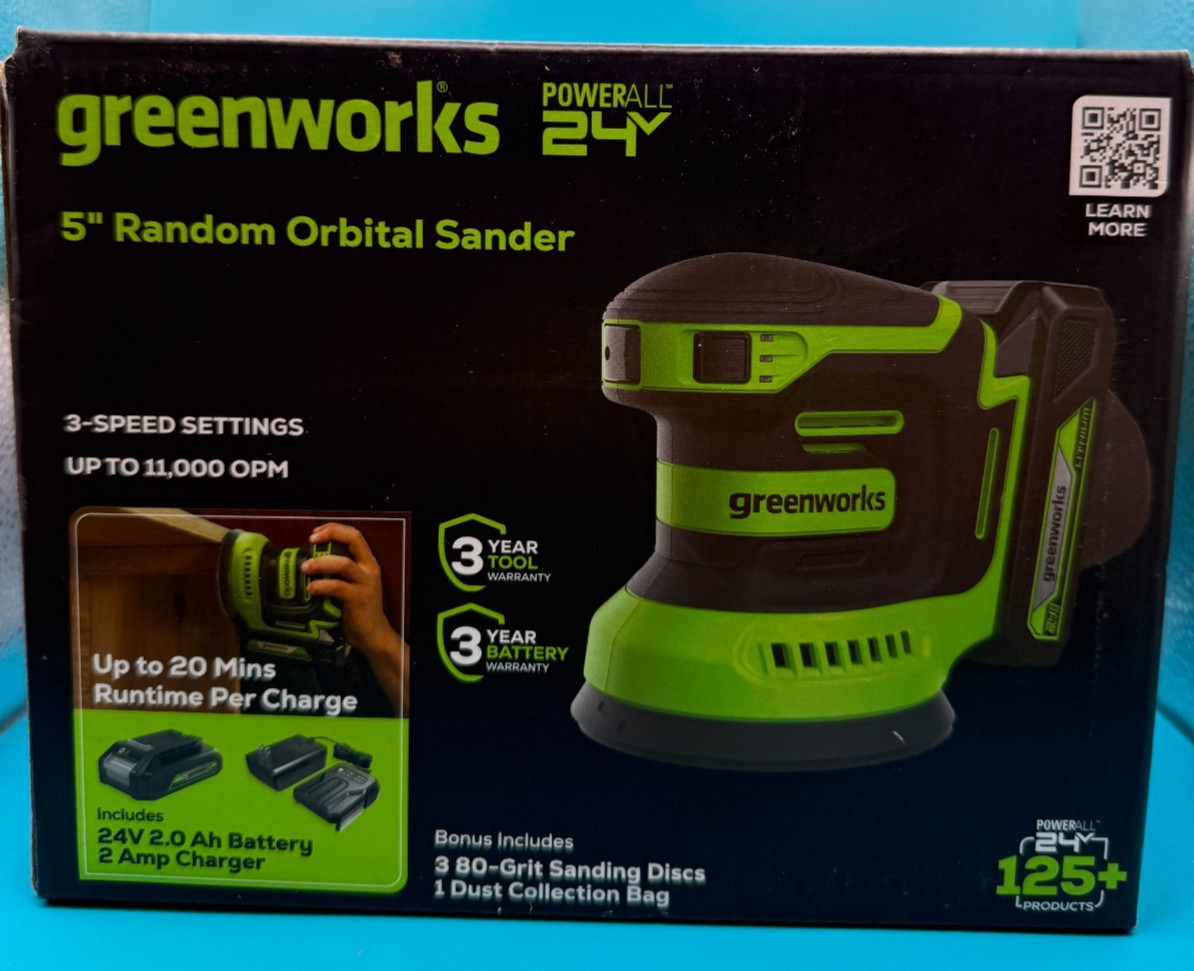 Greenworks 24V 5-inch Orbital Sander Max 11000 OPM w/ 2Ah Battery and 2A Charger