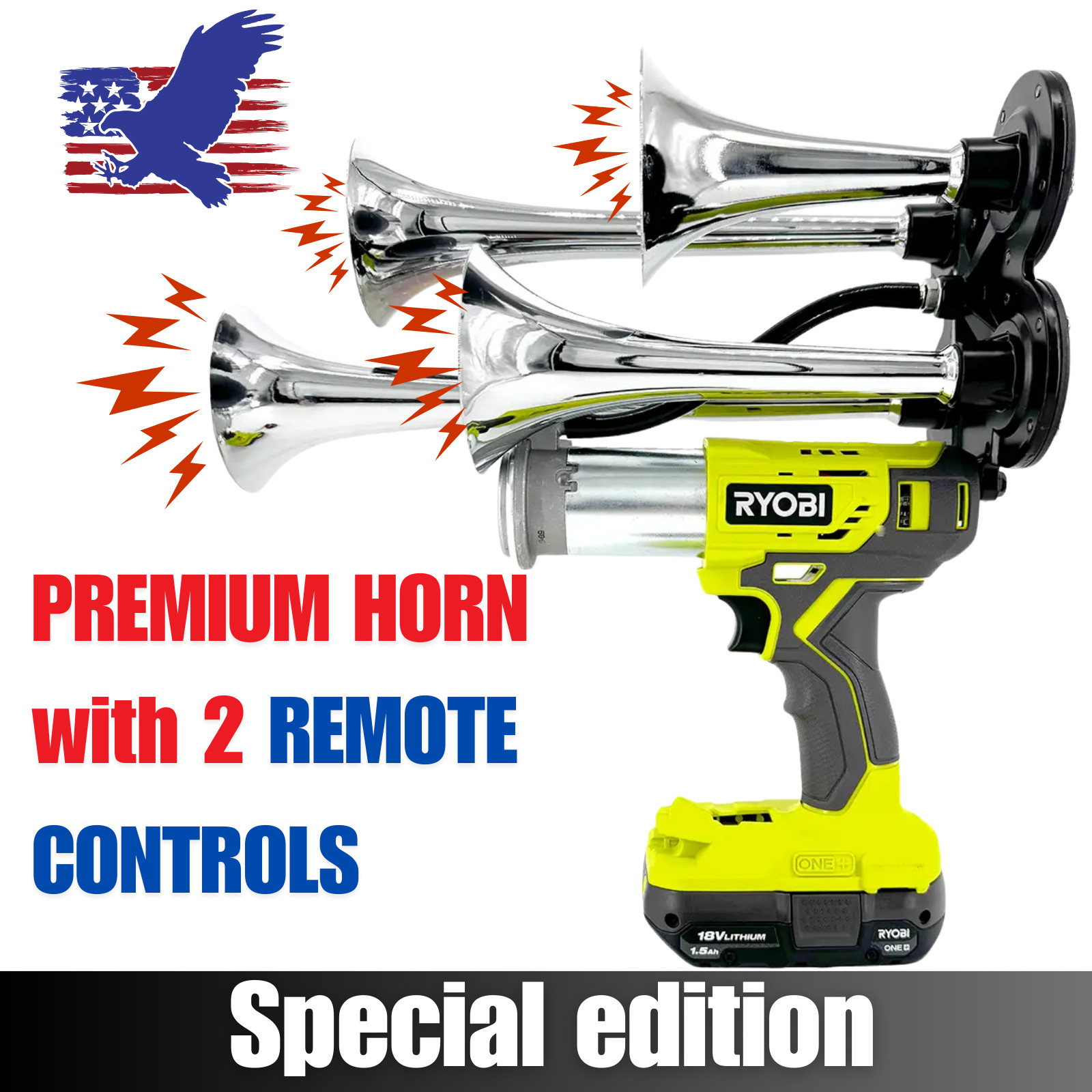 RYOBI 4 Trumpet Train Air Horn Chrome Quad 18V Portable / 2 Remote Controls