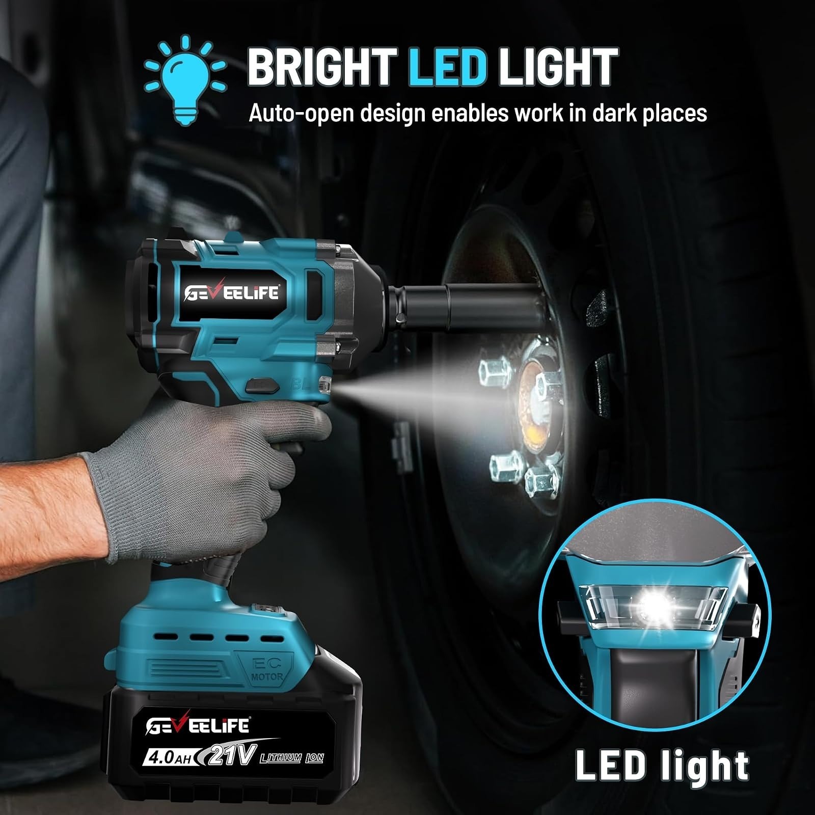 GEVEELIFE 450Nm Brushless Impact Wrench 21V 4Ah Battery 1/2in Kit