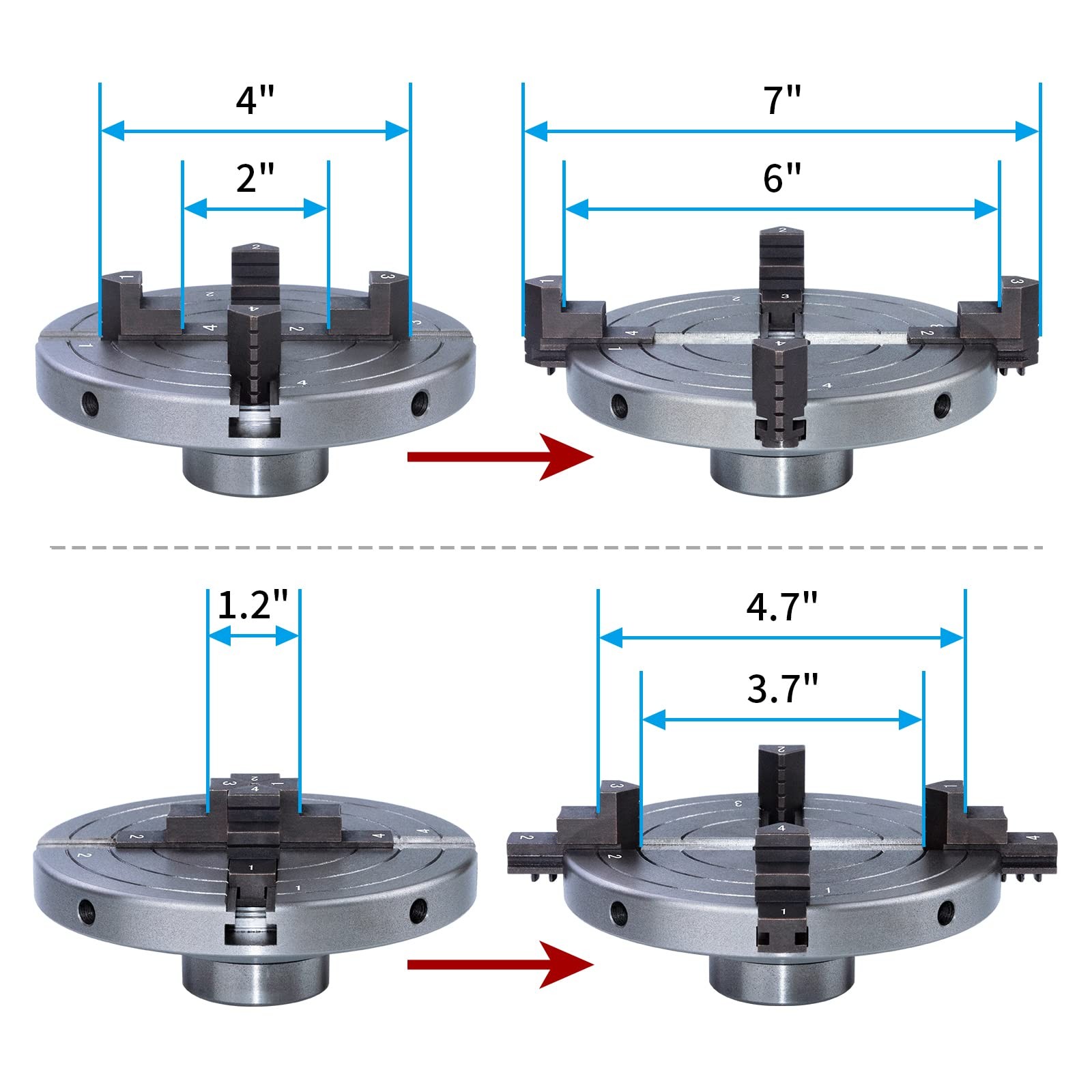 6 Inch Wood Lathe Chuck Set 1 x 8 tpi, Self Centering 4 Jaw Wood Turning Chuck