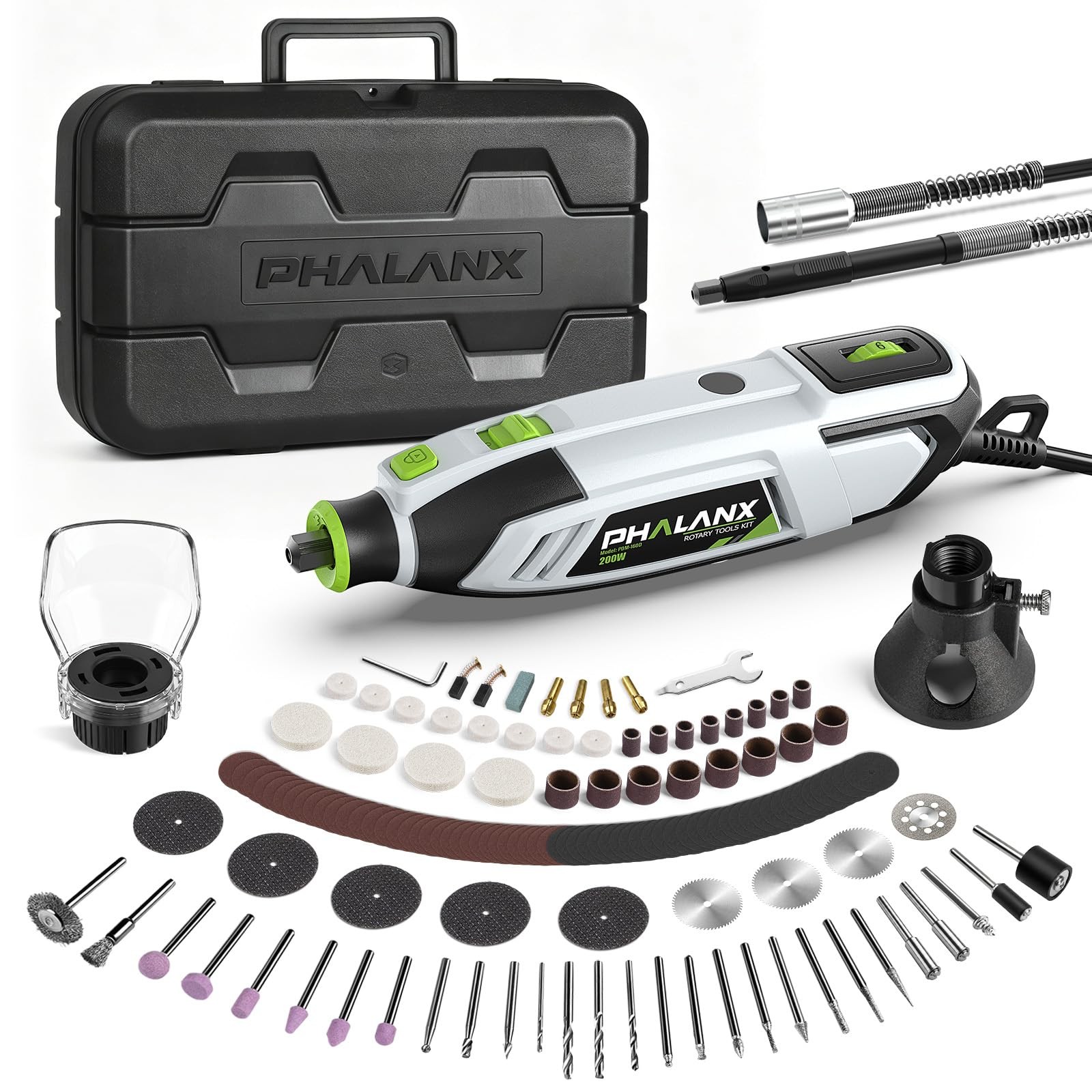 PHALANX 200W Rotary Tool Kit 6 Speed Flex Shaft 132pcs Accessories PDM-160D