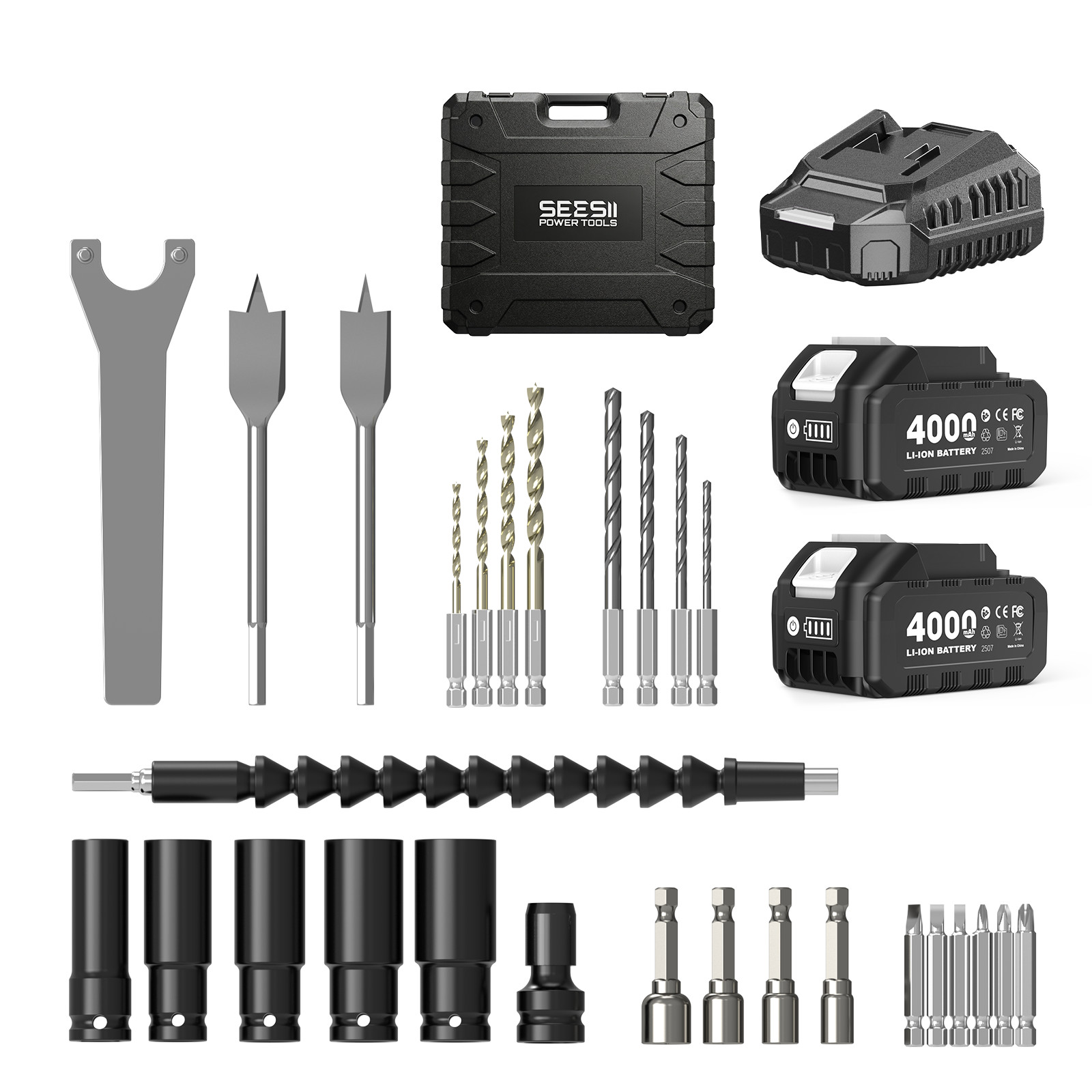 Power Tool Combo Kit Electric Hammer Angle Grinder Brushless Impact Wrench 2×4.0