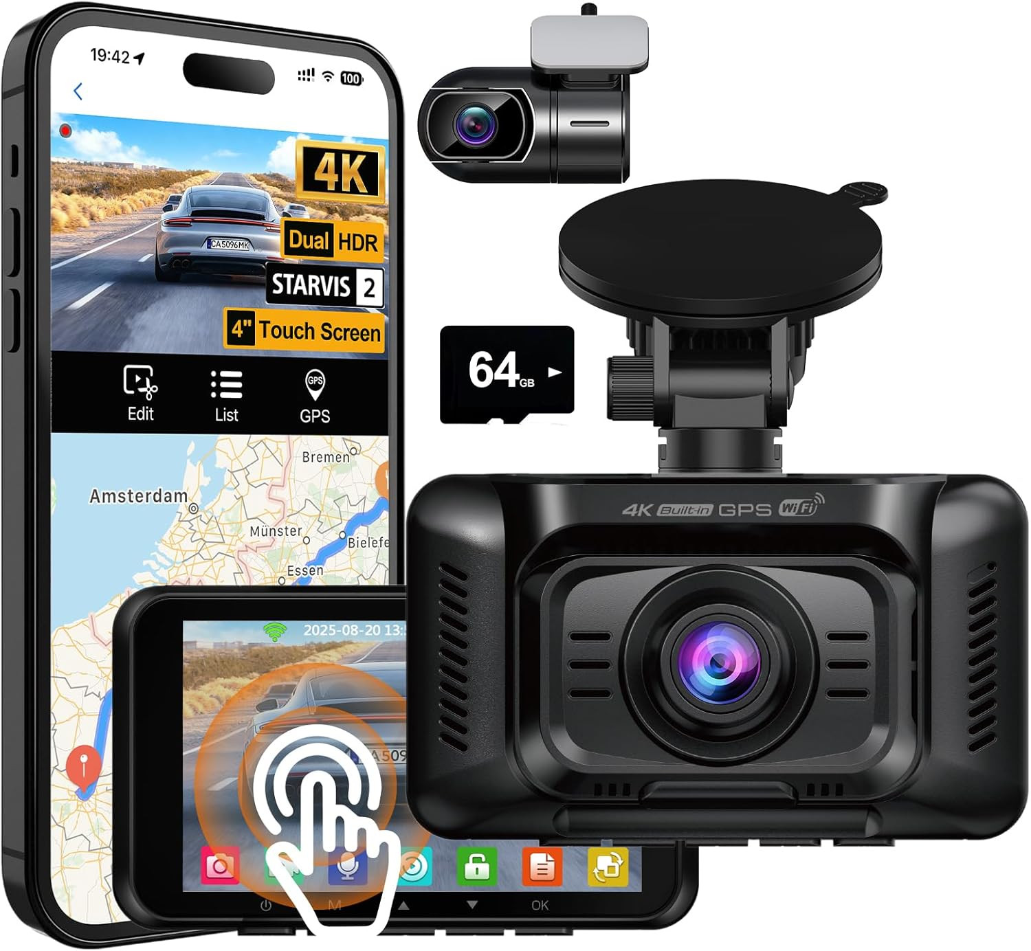 HUPEJOS 4K Dual Dash Cam Front and Rear, Camera for Cars with STARVIS 2 Sensor,