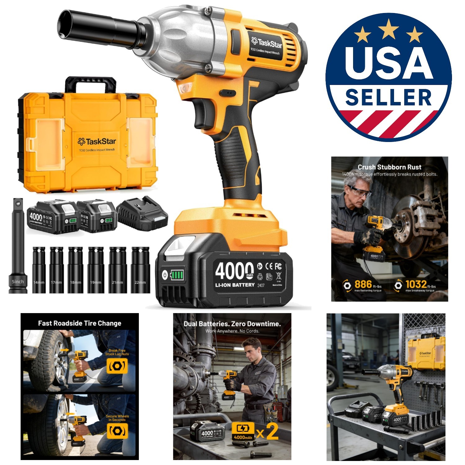 1/2-Inch Cordless Impact Wrench Kit, 1400Nm Torque, 2 Batteries & Extension Bar