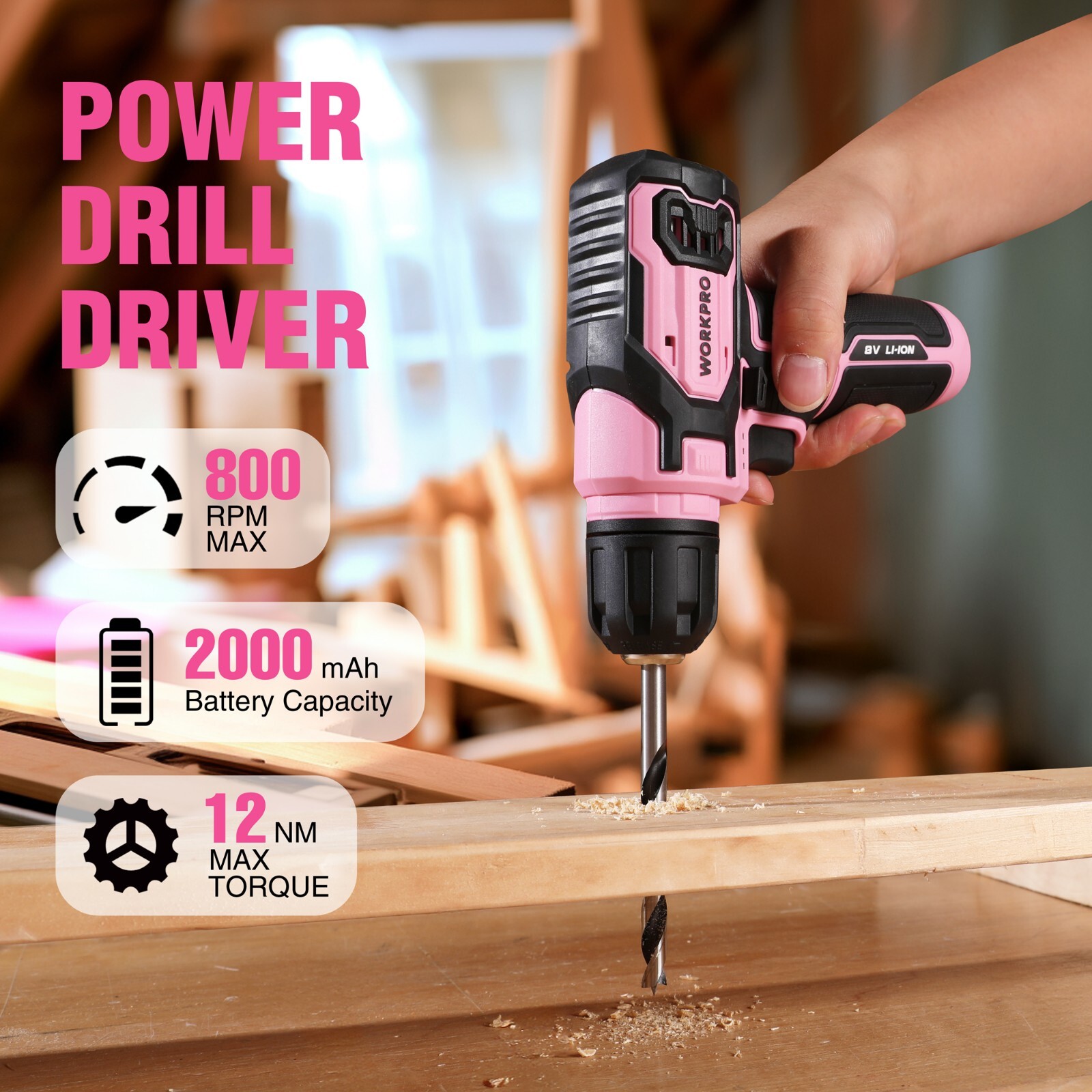 WORKPRO Power Drill Set Pink/Grey 8V Cordless Drill Driver Electric Screwdrivers