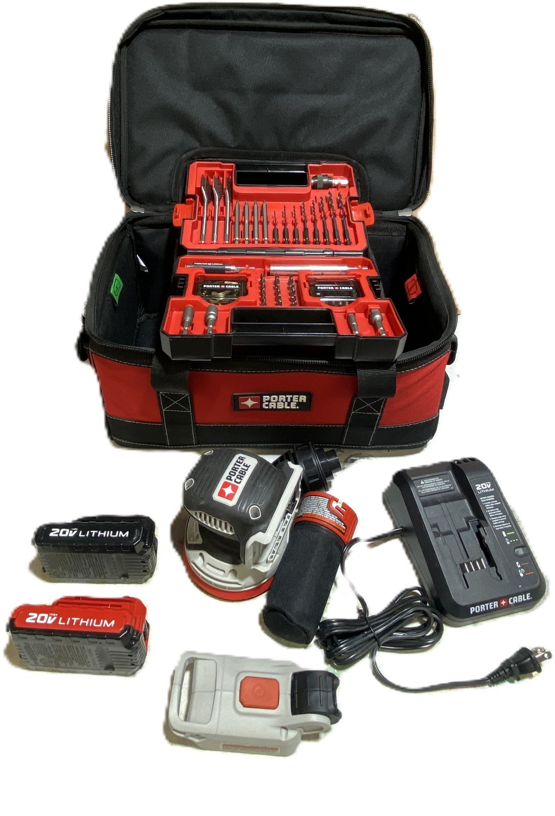 Porter Cable 20V Charger w/ Case, 2 Batteries, Sander, Light and Driver Bit Set