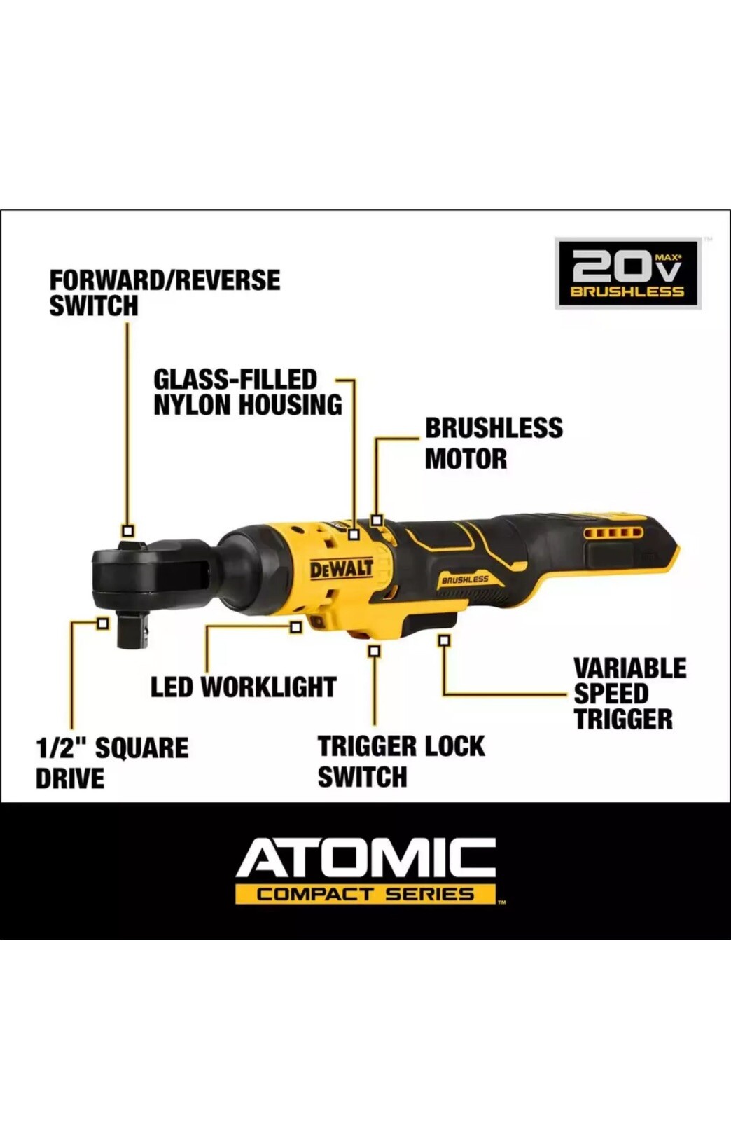 DeWalt DCF512B 20V ATOMIC COMPACT SERIES MAX 1/2&Prime; Brushless Ratchet Kit 4.0ah