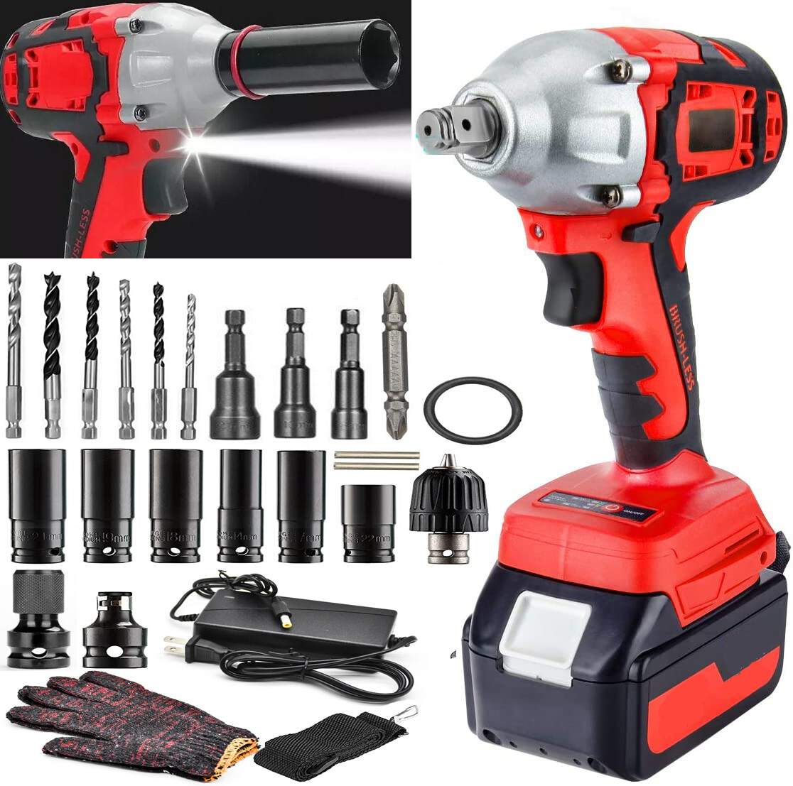20V Cordless Impact Wrench 1/2&Prime; 520Nm High Torque Brushless Drill 2x 3Ah Battery