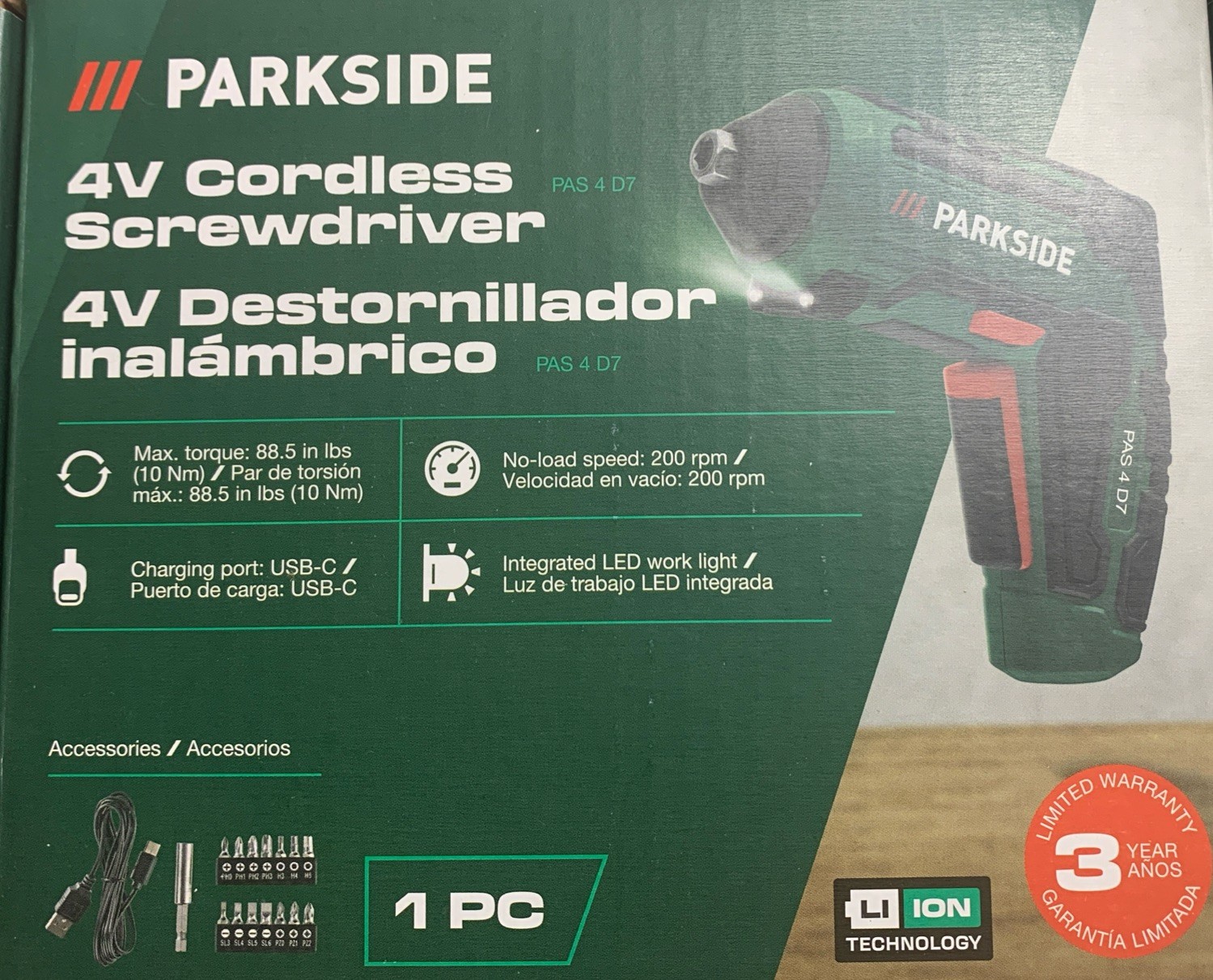 Parkside – Powerful 4v Cordless Screwdriver. Integrated LED Work Light. USB-C