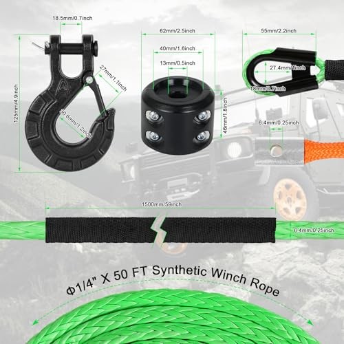 Synthetic Winch Rope,1/4&Prime; x 50 ft 10000Lbs Winch Rope Line, Synthetic Winch