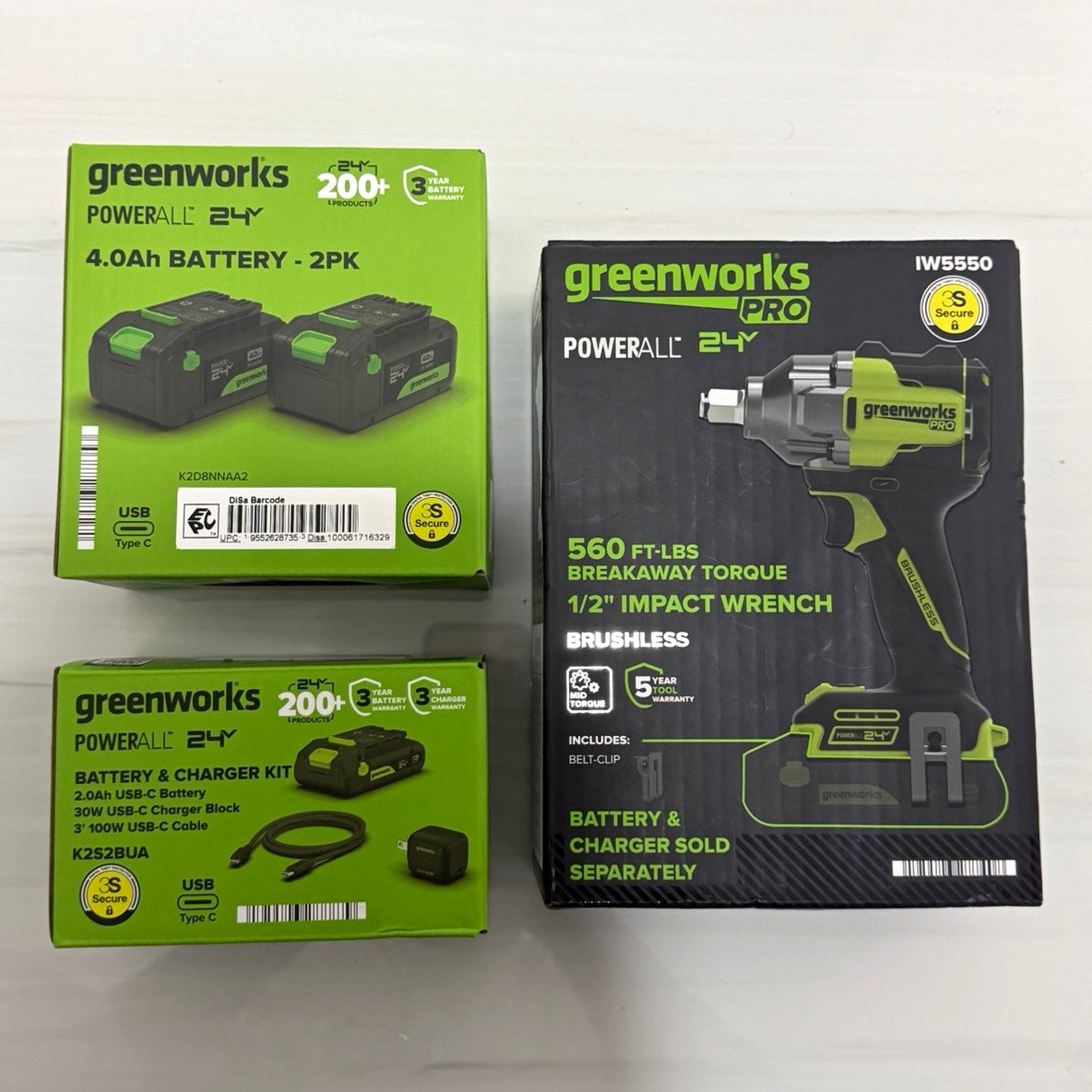 Greenworks Pro 24V 1/2” Brushless Impact Wrench + 2x 4.0Ah Batteries + Charger
