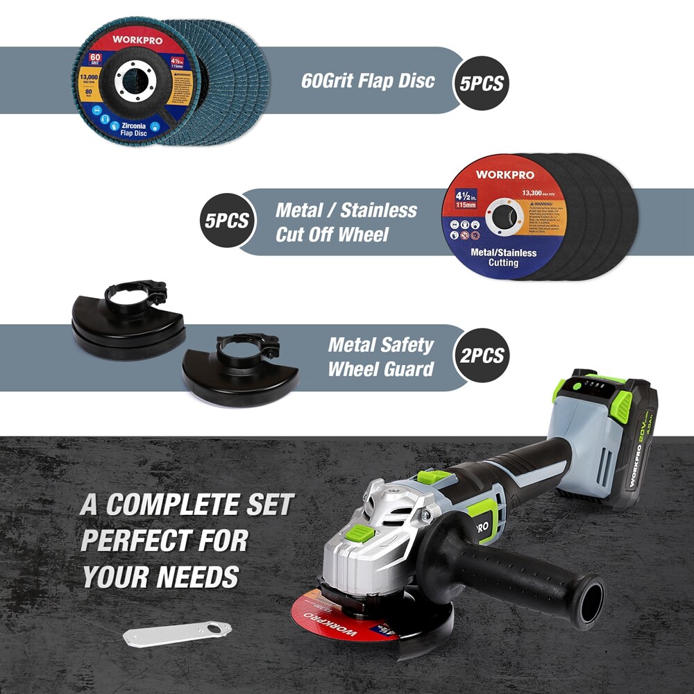 WORKPRO 20V Cordless Angle Grinder Kit 4.5&Prime; Fast Charger 4Ah Lithium-Ion Battery