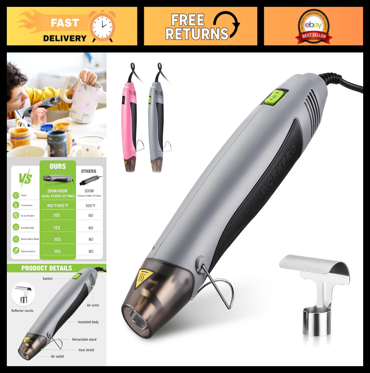 Mini Heat Gun 400W with Reflector Nozzle, 2 Temp Settings 482℉/842℉, 5.9ft Cable