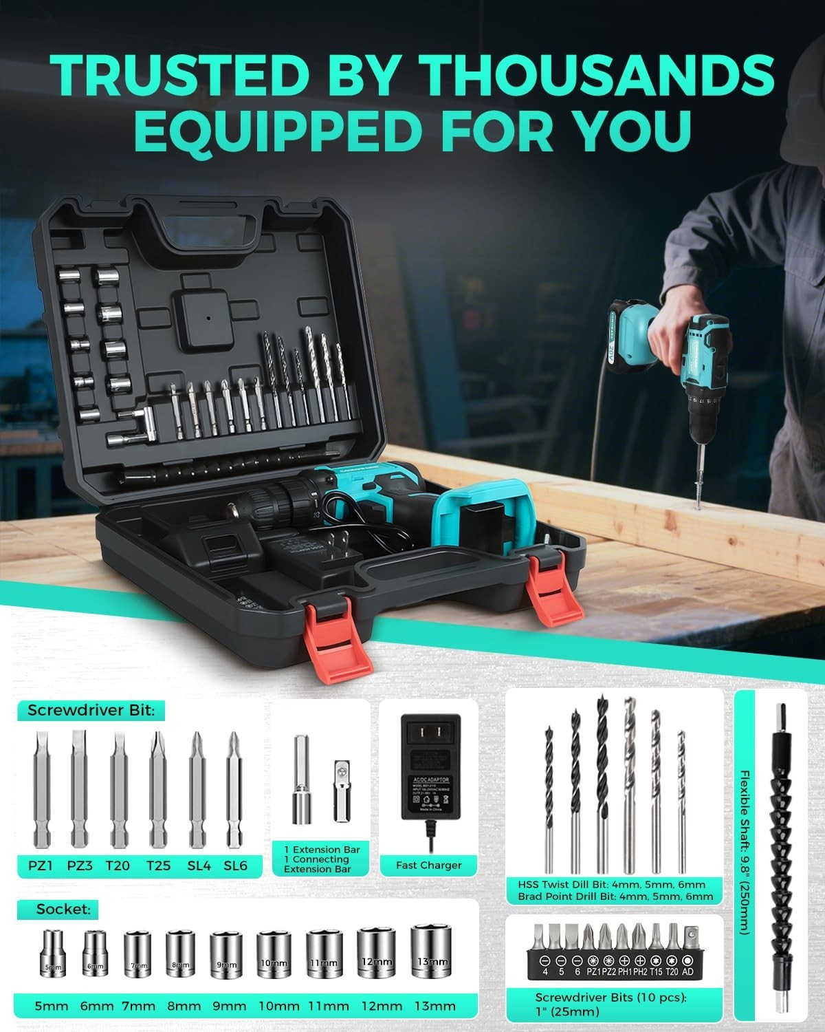 COMOWARE 20V Cordless Drill Set 3/8&Prime; Keyless Chuck 266 In-lb Torque 34pcs Bits