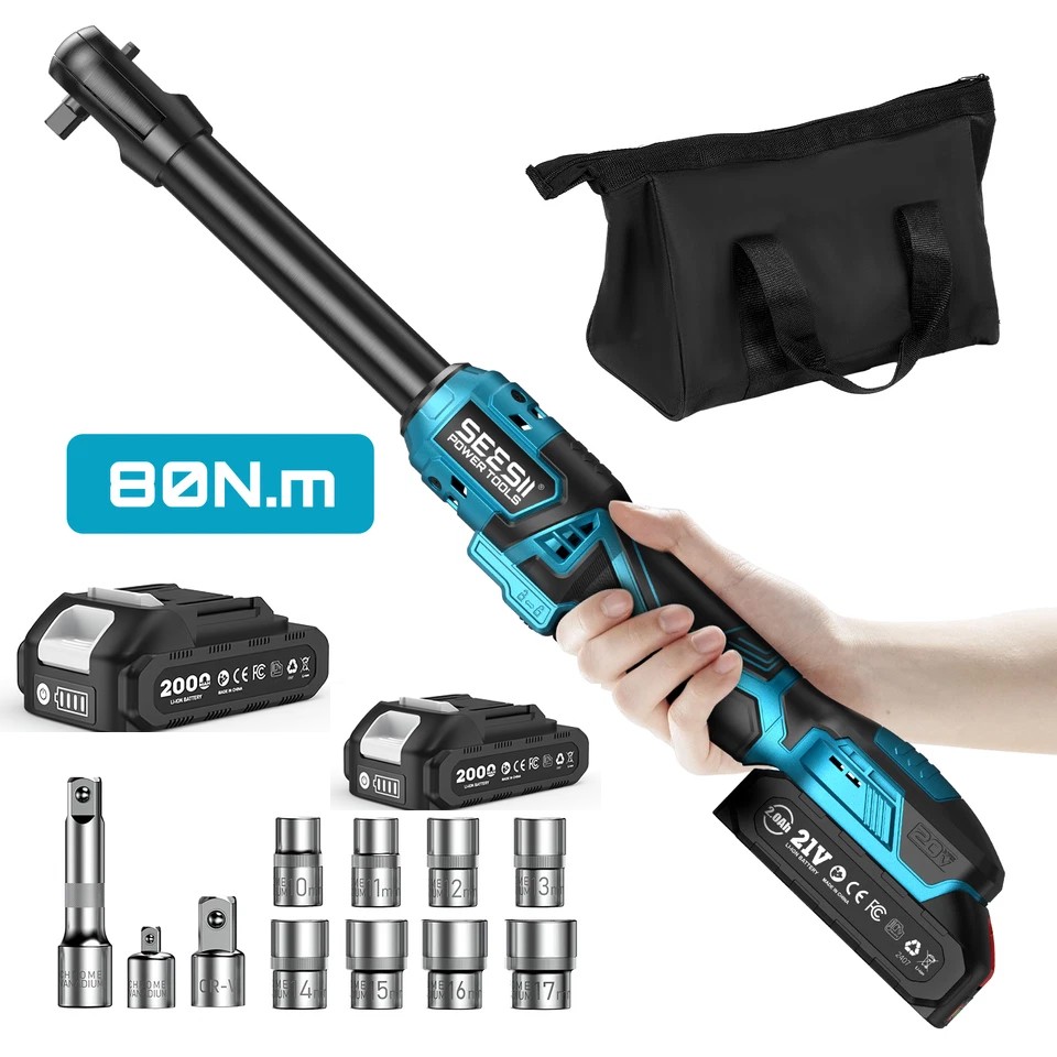 Seesii 21V 3/8&Prime; Cordless Ratchet Wrench 59 Ft-lbs 2 Battery 8 Sockets Brushless