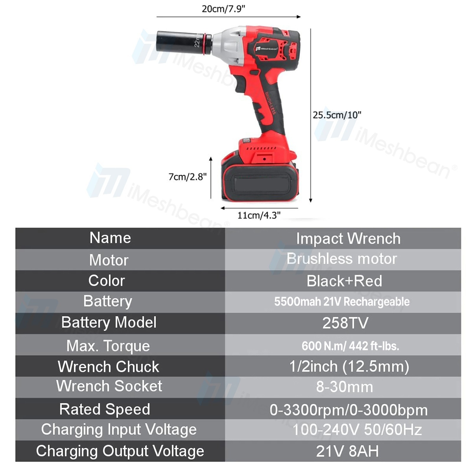 Cordless Impact Wrench 1/2&Prime; High Torque Brushless 20V Drill Driver Tool+2Battery
