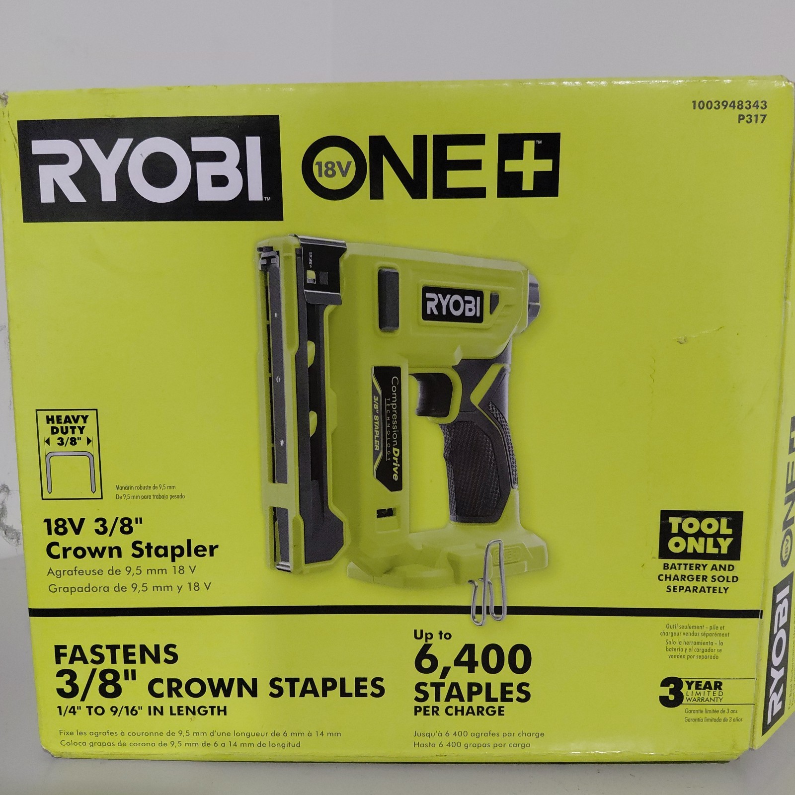 Ryobi P317 18V ONE+ Compression Drive 3/8 inch Crown Stapler (Tool Only)