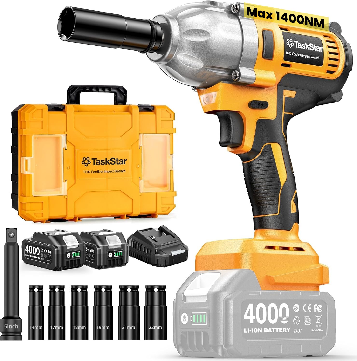 Cordless Electric Impact Wrench Gun 1/2 » 1400Nm High Torque Gun 2*Battery