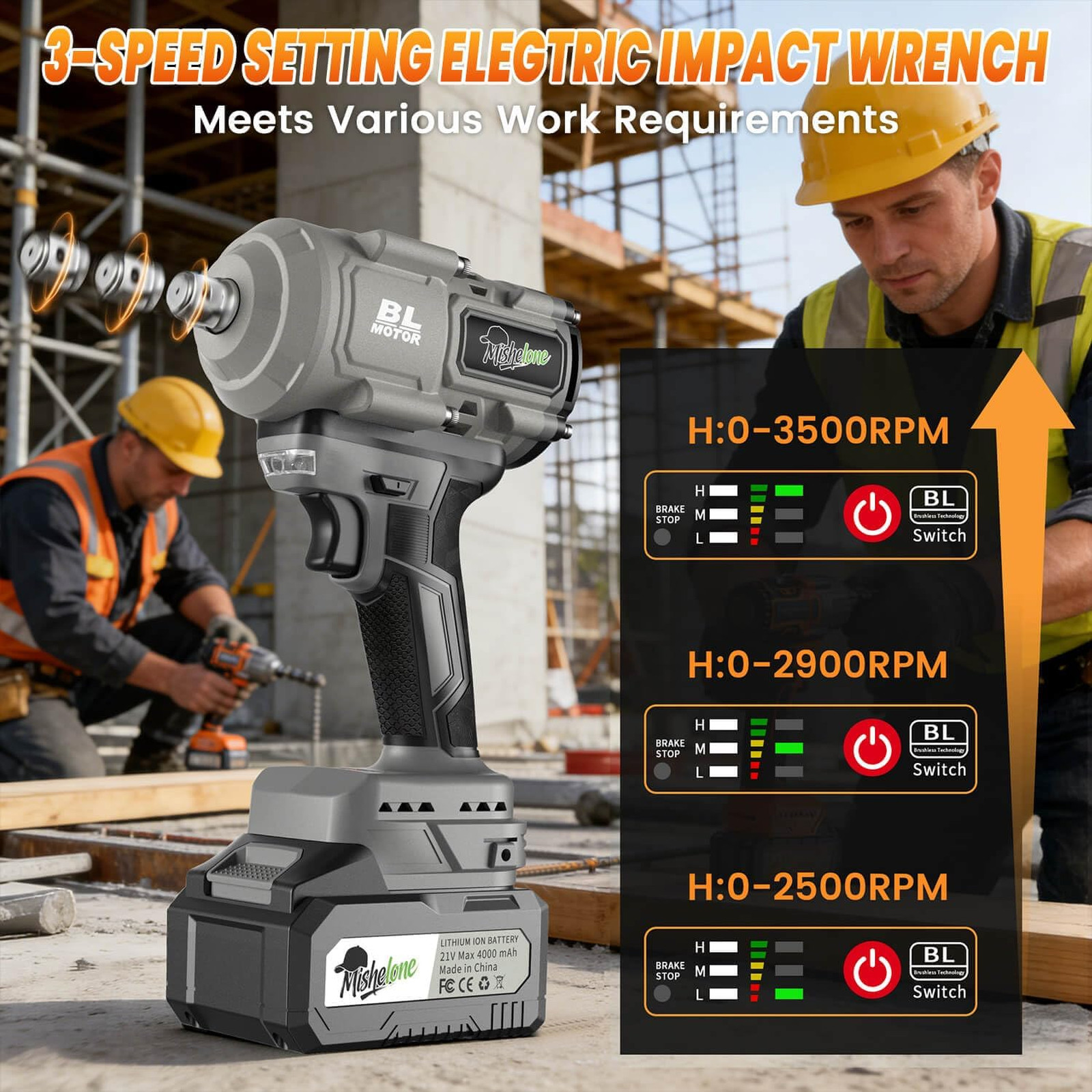 cordless impact wrench 1/2 inch,21V Brushless High Torque 1500N.m 1106ft-lbs