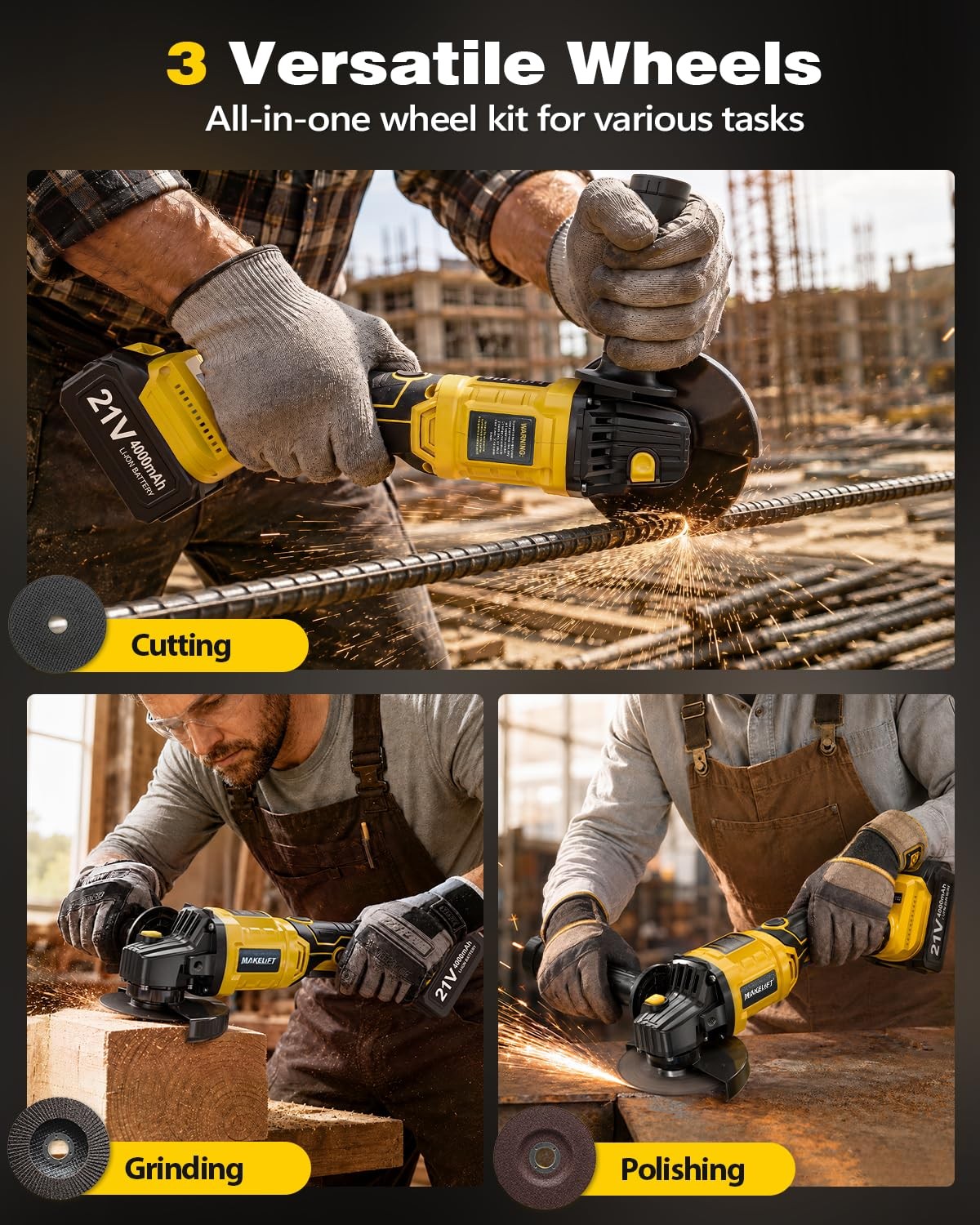 Cordless Angle Grinder, 4-1/2&Prime; 10000RPM Cut Off Tool with 2×4.0Ah Batteries |