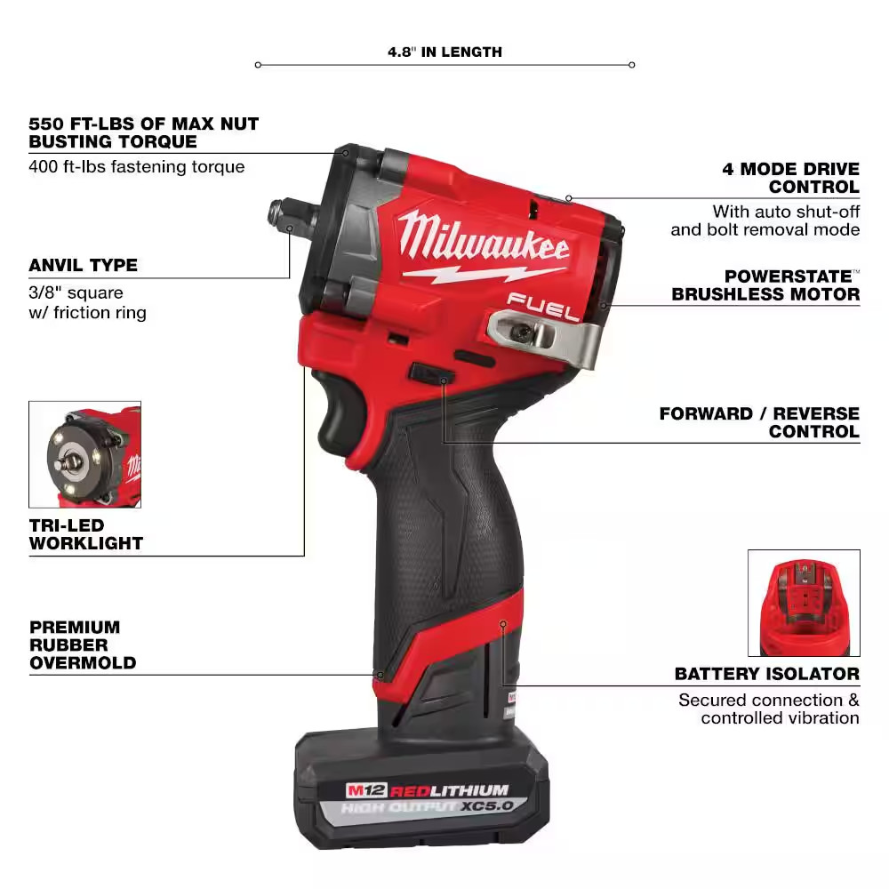 M12 FUEL 12V Lithium-Ion Brushless Cordless Stubby 3/8 In. Impact Wrench (Tool-O