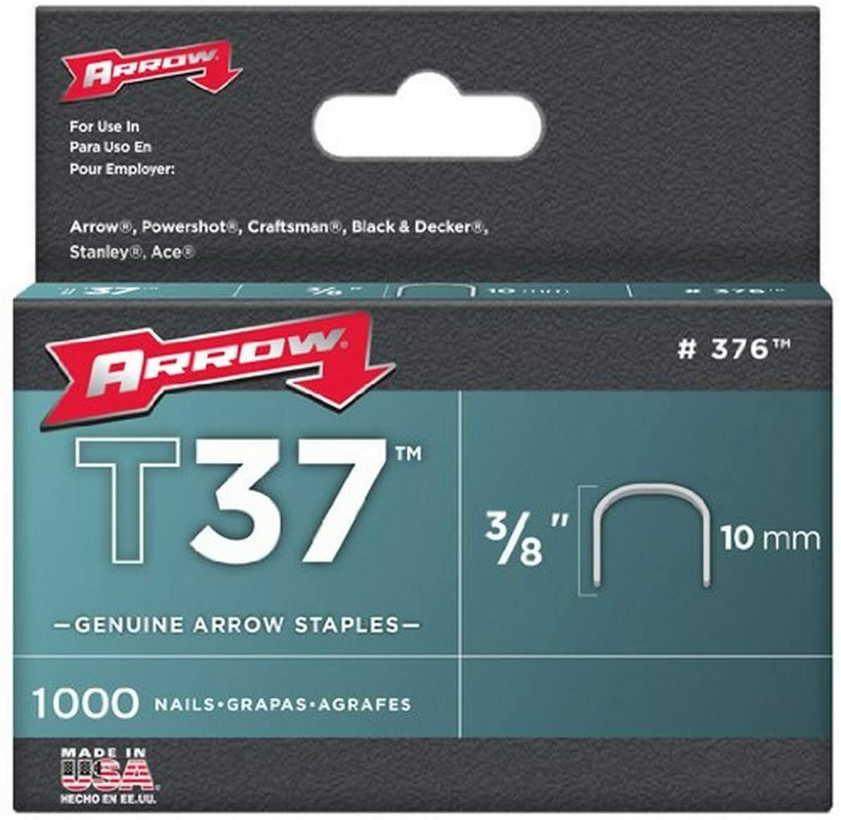 Arrow Fastener 376 3/8-Inch 10mm Round Crown Staples for T37