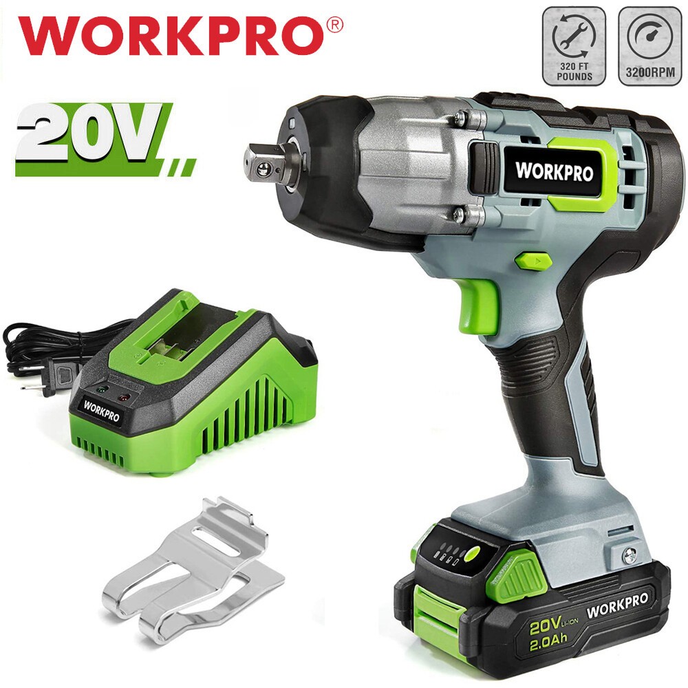 20V WORKPRO 1/2&Prime; Impact Wrench Kit 2.0Ah Li-ion Battery Fast Charger Belt Clip