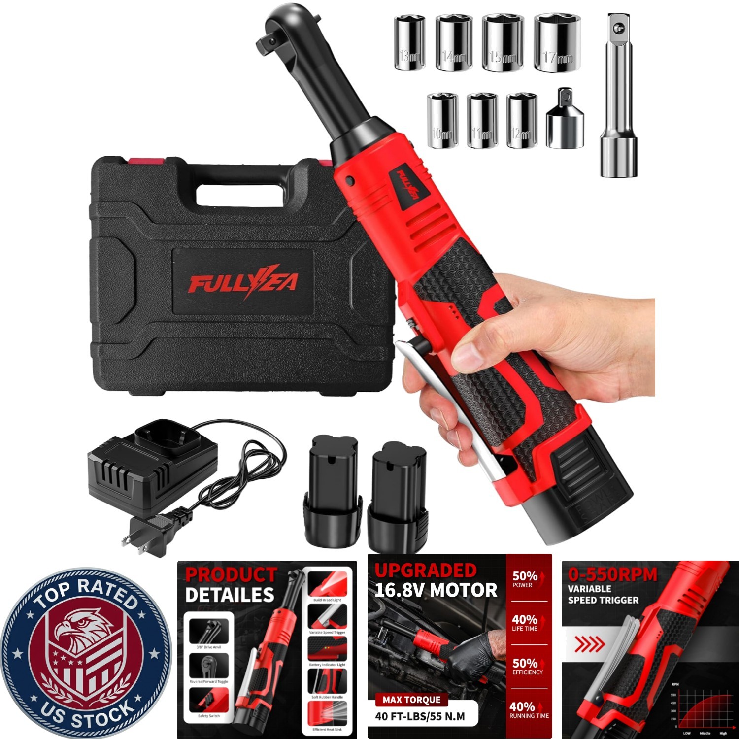 Ergonomic Cordless 3/8&Prime; Ratchet Wrench – 550 RPM with LED Light & Accessories