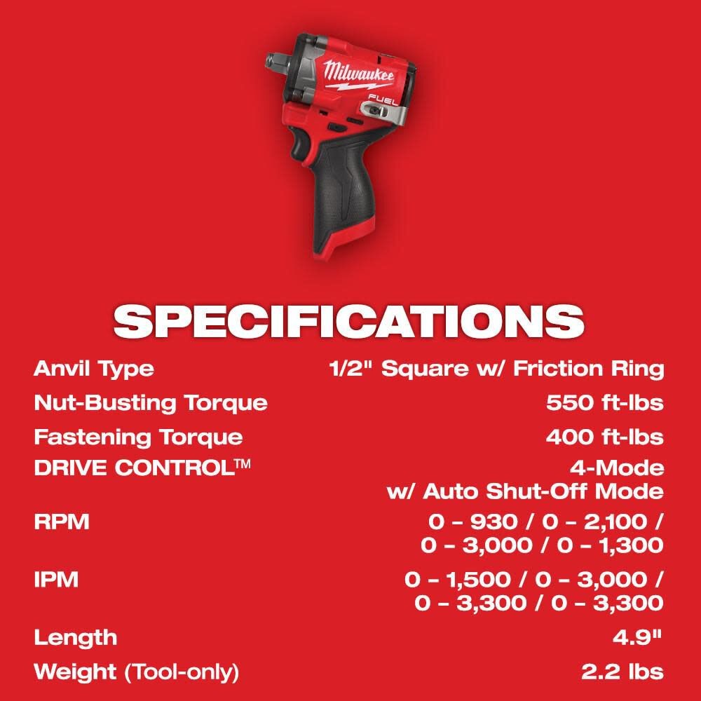 Milwaukee M12 Fuel Stubby 1/2 Inch Impact Wrench (Bare Tool)