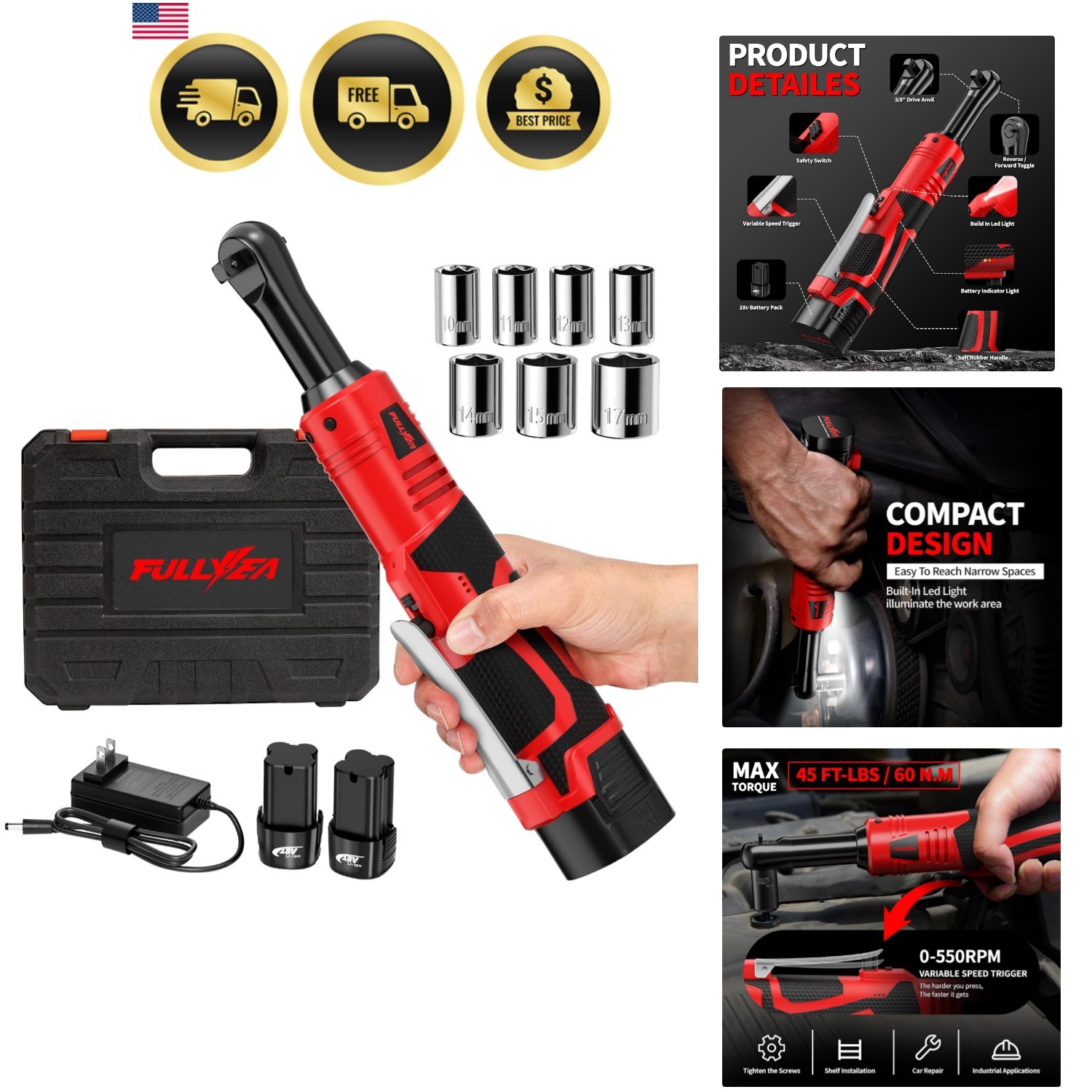 Cordless Electric Ratchet Wrench Set 45Ft-lb 18V 2 Pack Batteries Fast Charger