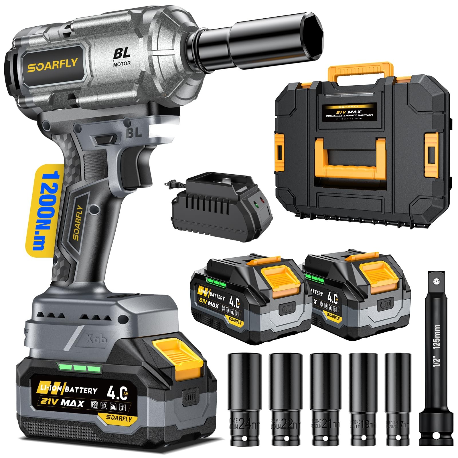 SOARFLY Upgraded Cordless Impact Wrench 1/2&Prime;, 900 Ft-lbs (1200 Nm) Brushless