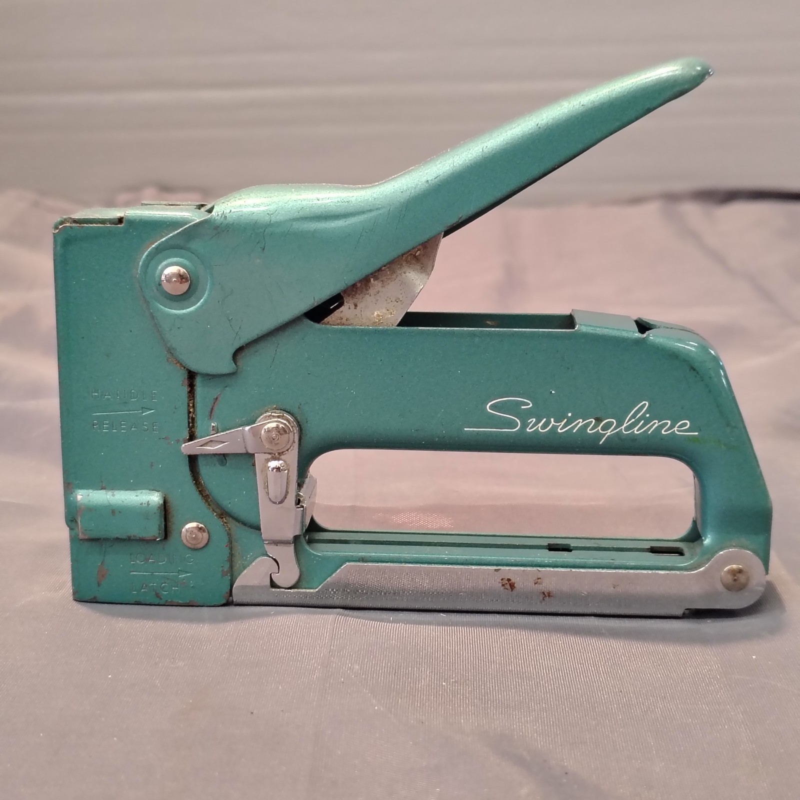 Vtg 1960&rsquo;s Swingline #101 Tacker Staple Gun Teal Green Aqua Blue Hand Stapler NY
