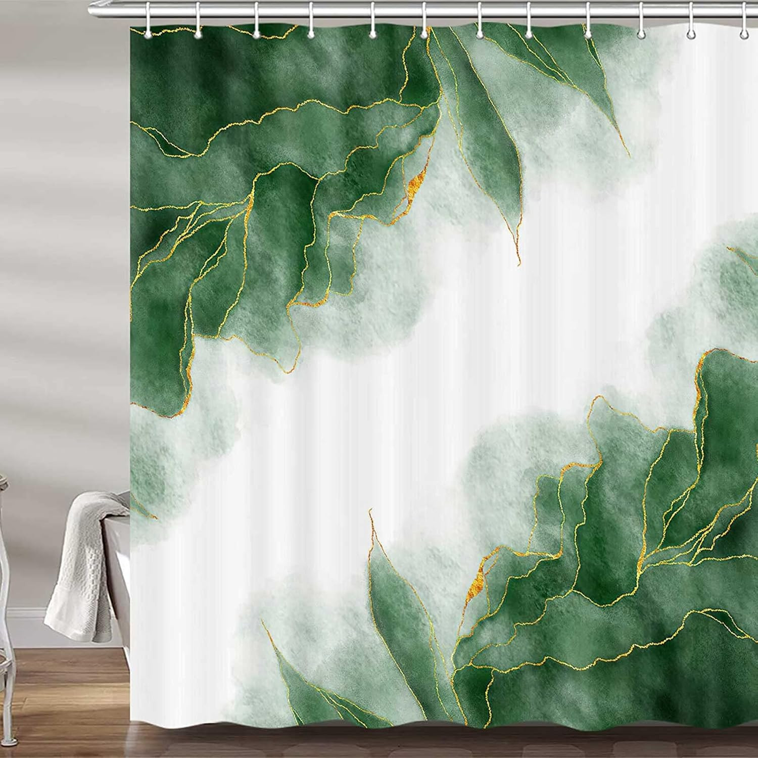 Green and Gold Marble Shower Curtain, Dark Emerald Sage Hunter Olive Green Fabri