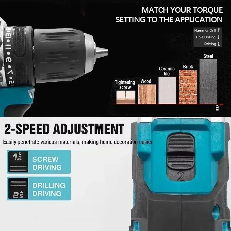 18V Brushless Cordless Drill Driver Rechargeable Electric Screwdriver Power Tool