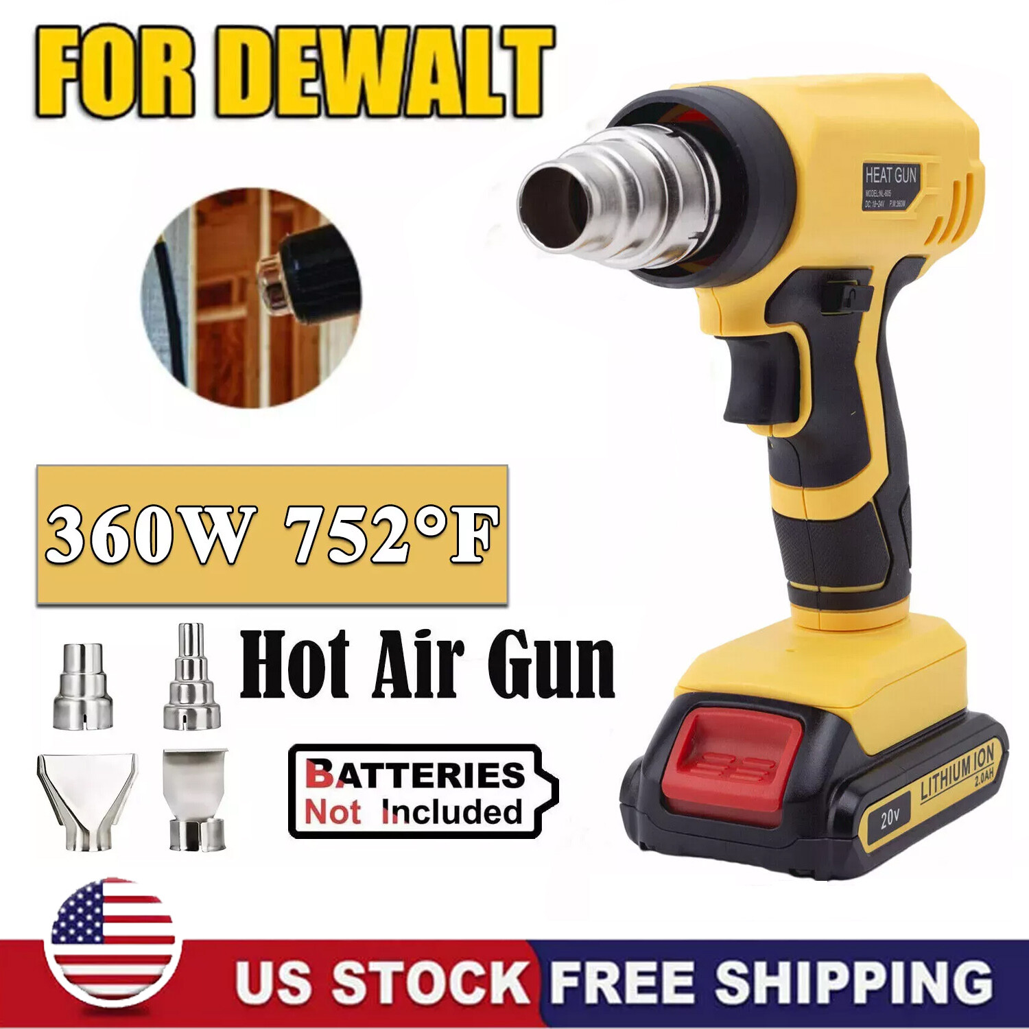 Cordless Heat Gun Hot Air Gun For Dewalt 20V Max Li-ion Battery w/4 Nozzles 360W