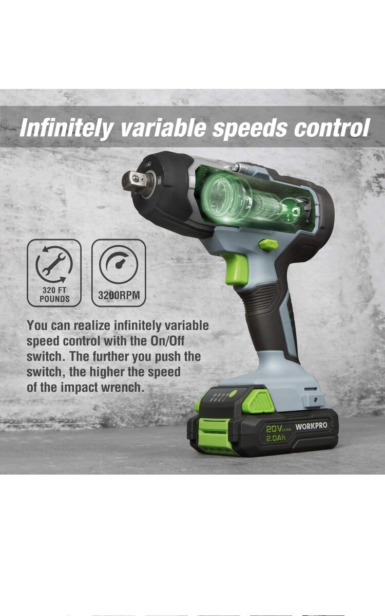 WORKPRO 20V Cordless Impact Wrench, 1/2-inch, 320 Ft Pounds Max Torque, 2.0Ah