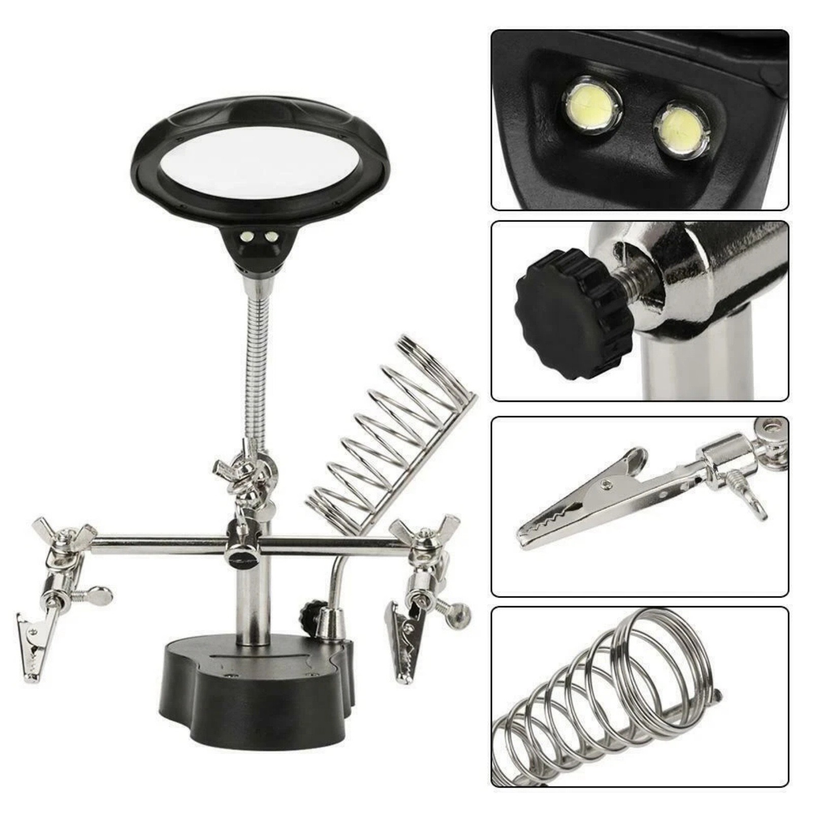 Coiled Soldering Station Holder with 5X Magnifier LED Lights for Hot Iron Safety