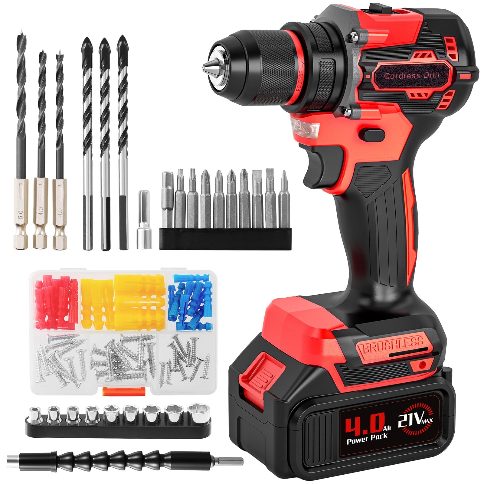 21V Cordless Brushless Power Drill Set 575 in-lbs Torque, 87pcs Kit – DIY