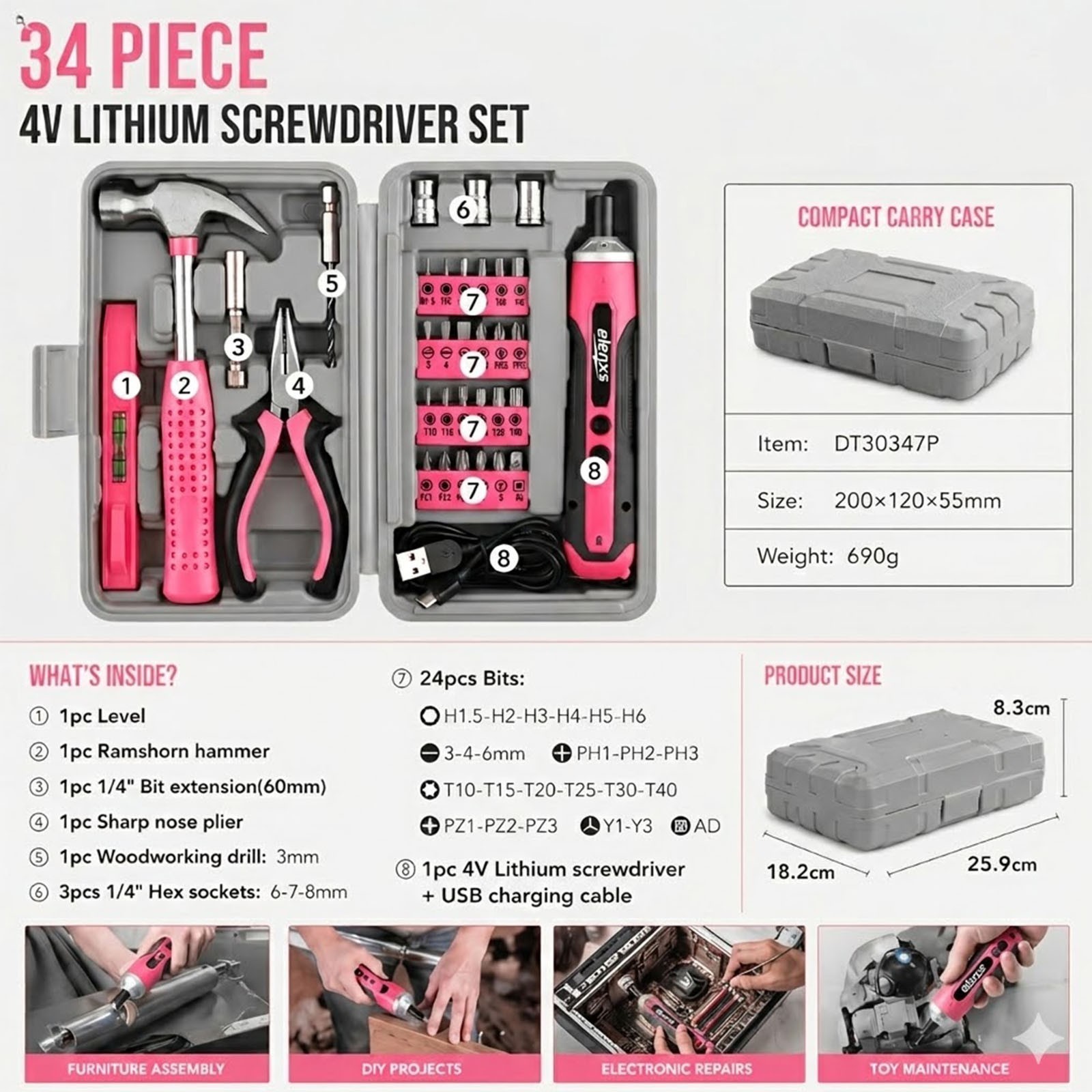 Cordless Electric Screwdriver Home Repair Tool Kit USB 34PCS Set