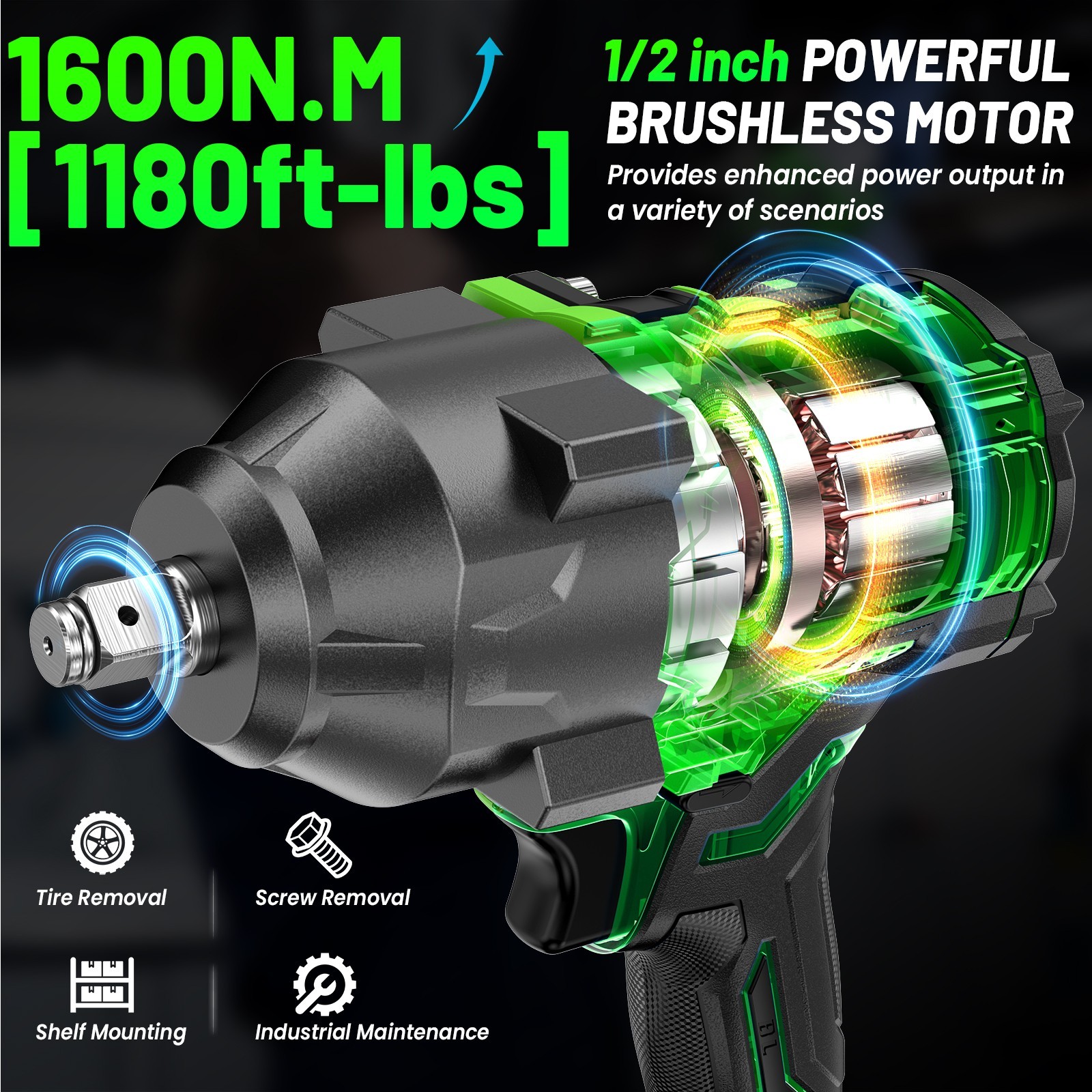 TaskStar Cordless Impact Wrench 1/2 1180Ft-lbs/1600 Nm Brushless Electric Wrench