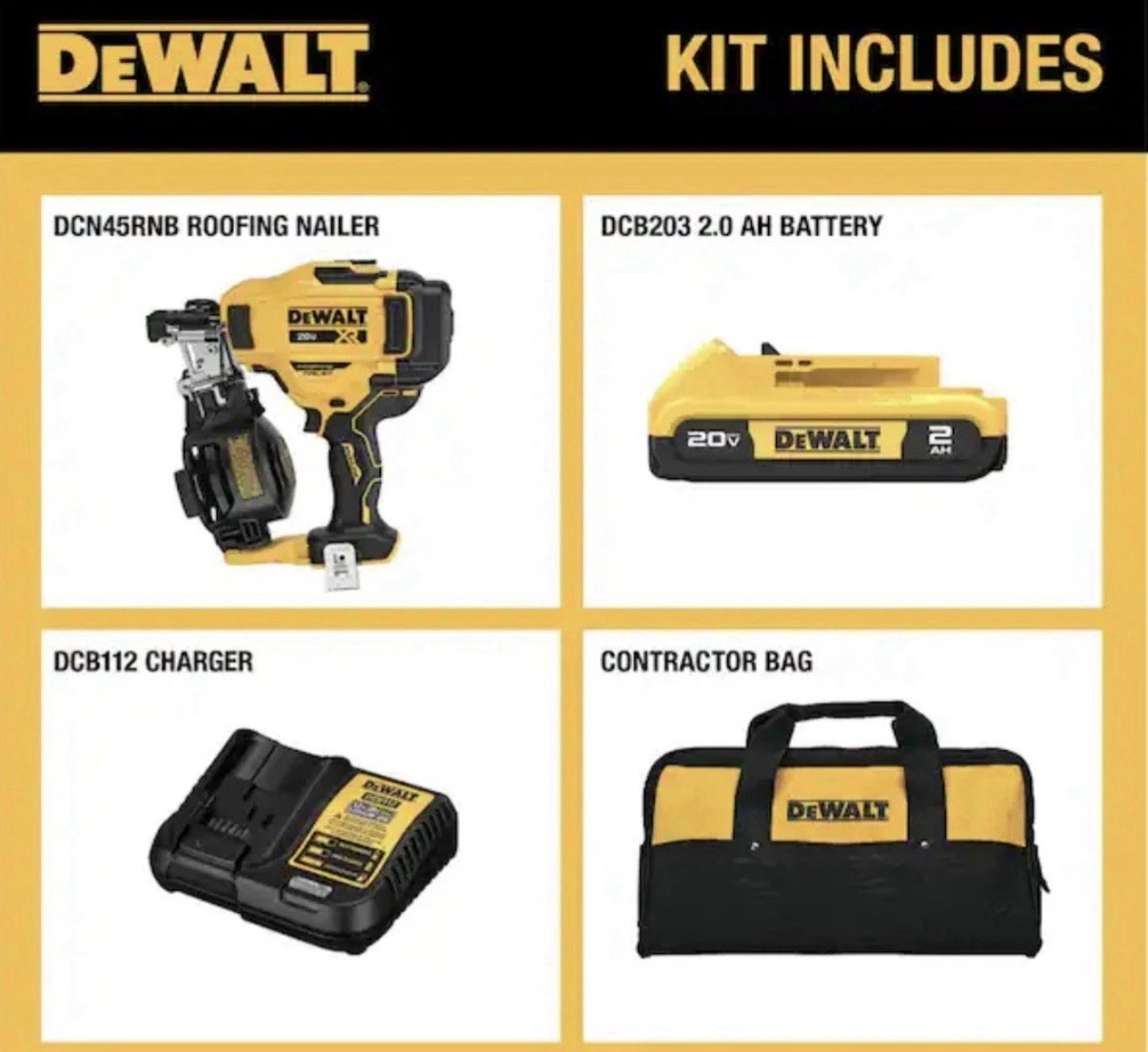 DEWALT 20V MAX 15-Degree Roofing Nailer Kit with 2.0Ah Battery, Charger & Bag