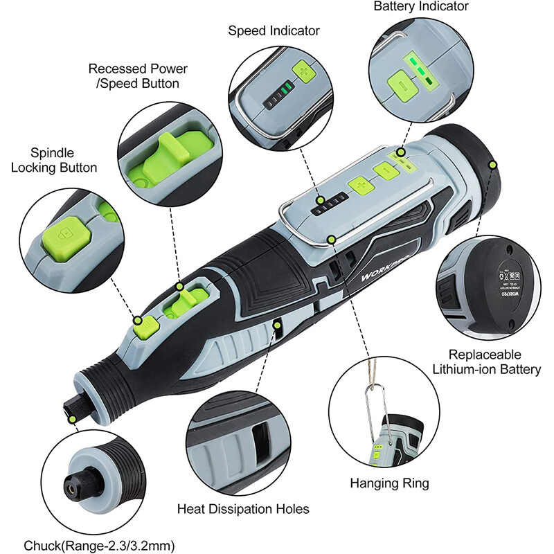 WORKPRO 12V Cordless Rotary Tool Set 5 Variable Speeds w/Accessory Kit Gray/Pink