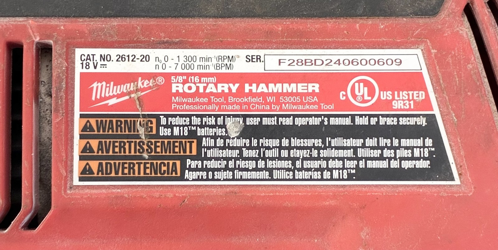 Milwaukee 2612-20 Cordless 5/8&Prime; SDS Plus Rotary Hammer *Bare Tool*