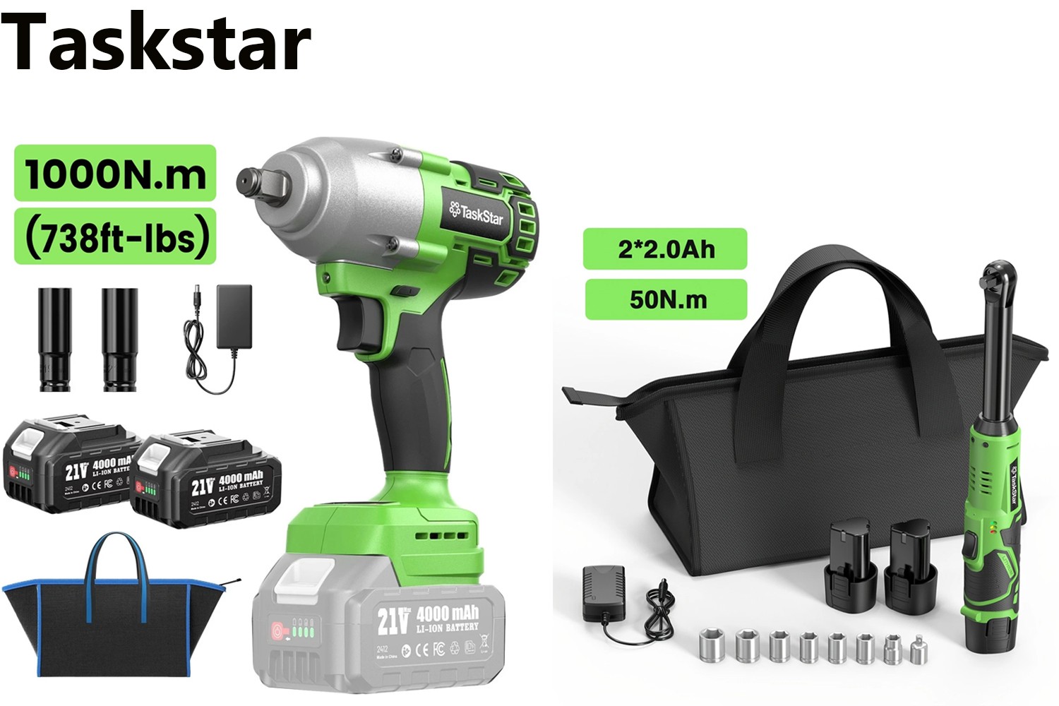 TaskStar 1000Nm Cordless Impact Wrench 1/2&Prime; Brushless 3/8 50Nm Ratchet Combo Kit