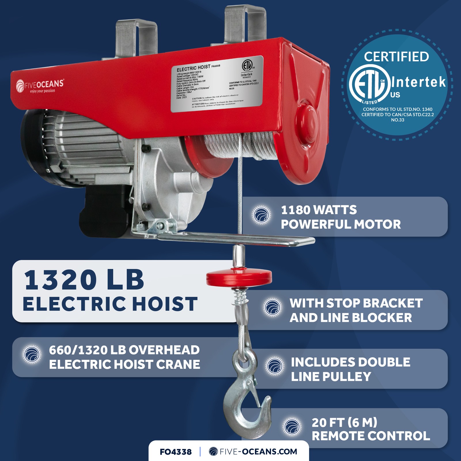Electric Hoist Hoist Pulley System, 1320 Lb Electric Winch with 20 Ft Control