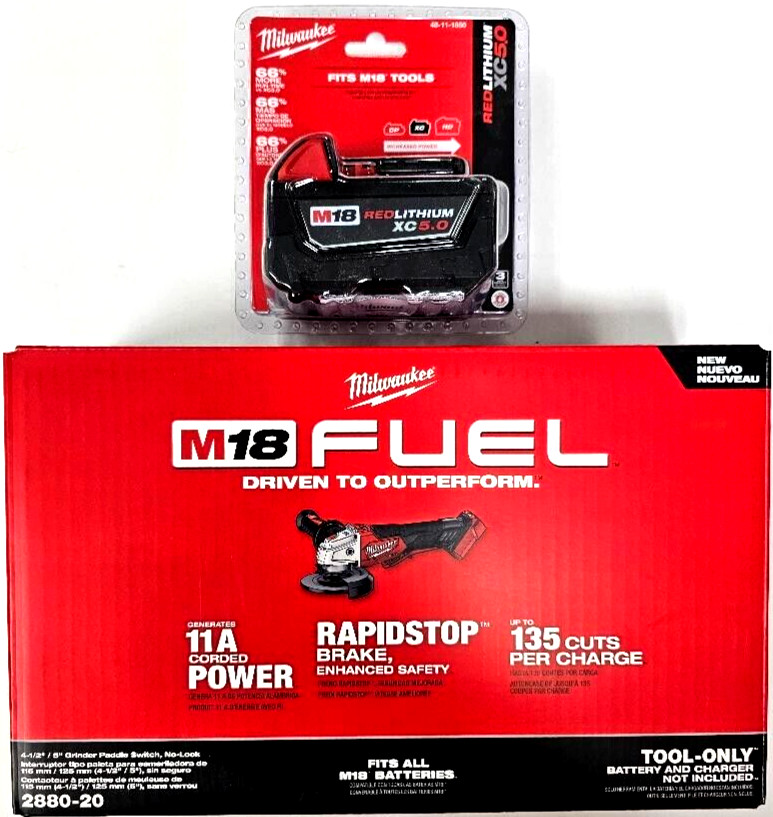 NEW N BOX Milwaukee M18 FUEL 2880-20 Grinder, 1) 5.0 AH Battery 4 1/2 5&Prime; 18 Volt