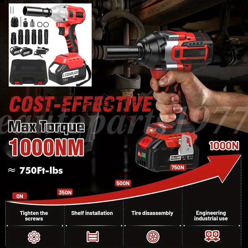 1000Nm Cordless Electric Impact Wrench Gun 1/2 » High Power Driver + 2Batteries