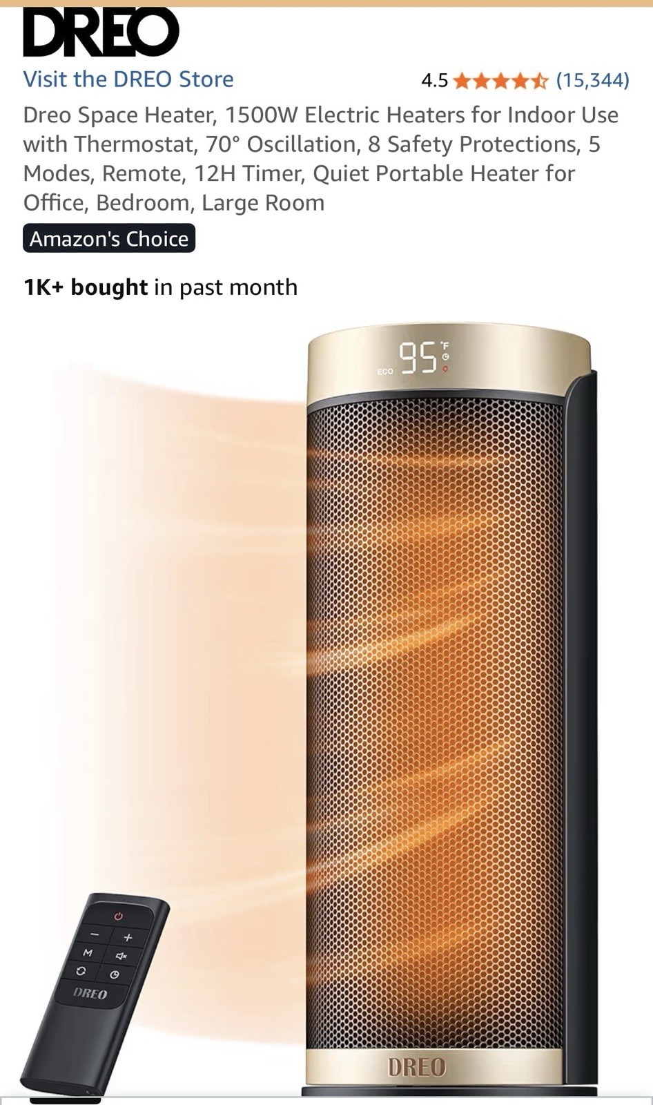 Dreo Space Heater, 1500W Electric Heaters for Indoor Use with Thermostat, 70° Os